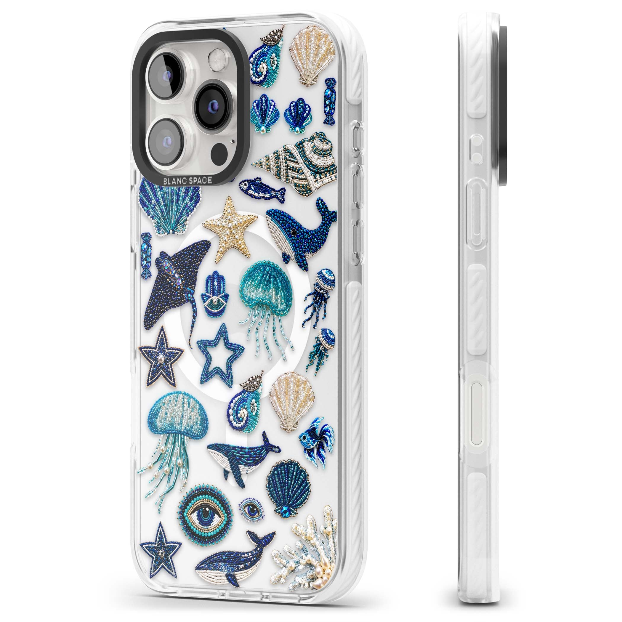 Beaded Coastal coastal iPhone case featuring embroidered seashells, jellyfish and a blue whale on clear | Impact Magsafe case for iPhone 16 Pro, iPhone 16 Pro Max