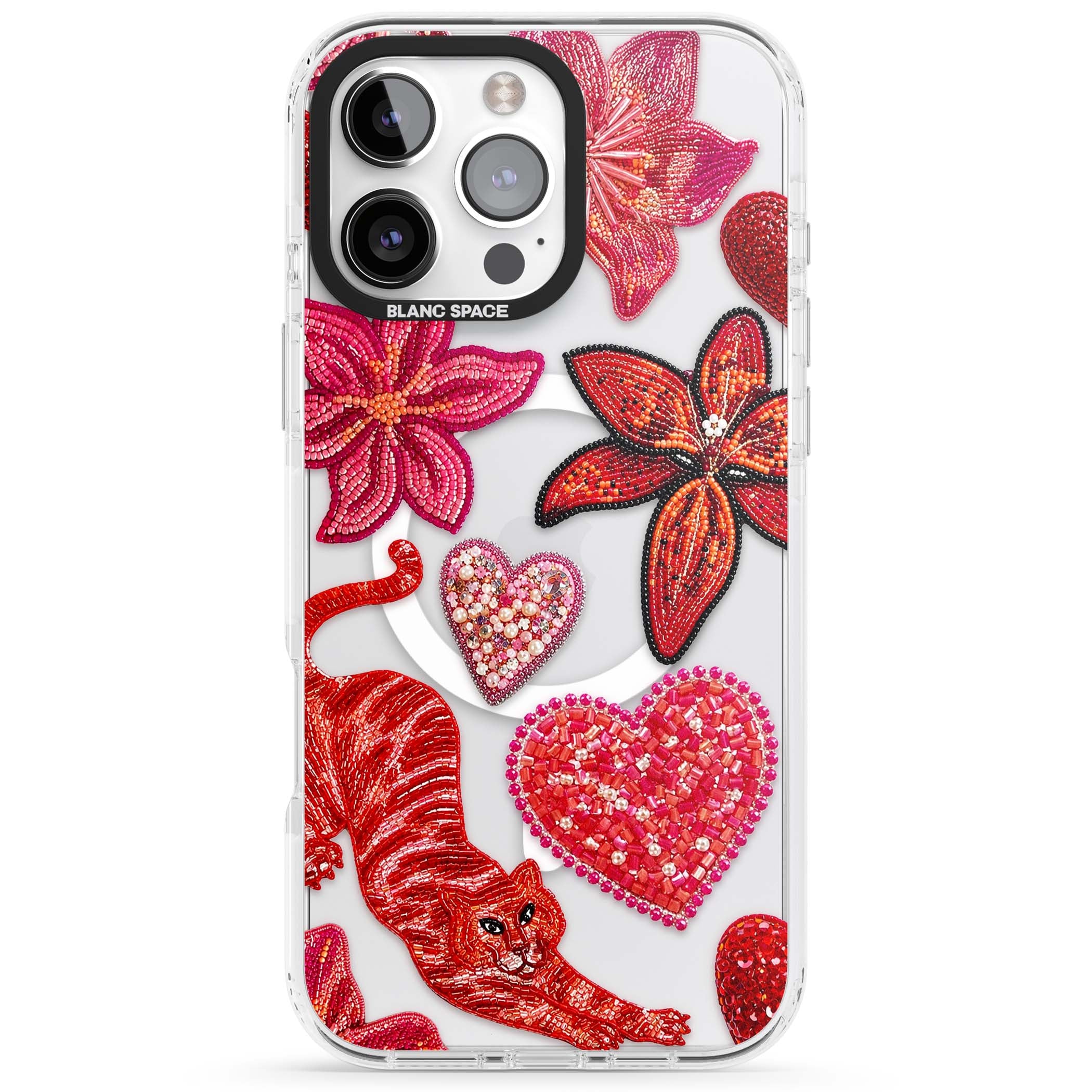 Beaded Boho floral iPhone case featuring beaded red lilies, a stitched tiger, and pearl-encrusted hearts on clear | Impact Magsafe case for iPhone 16 Pro, iPhone 16 Pro Max