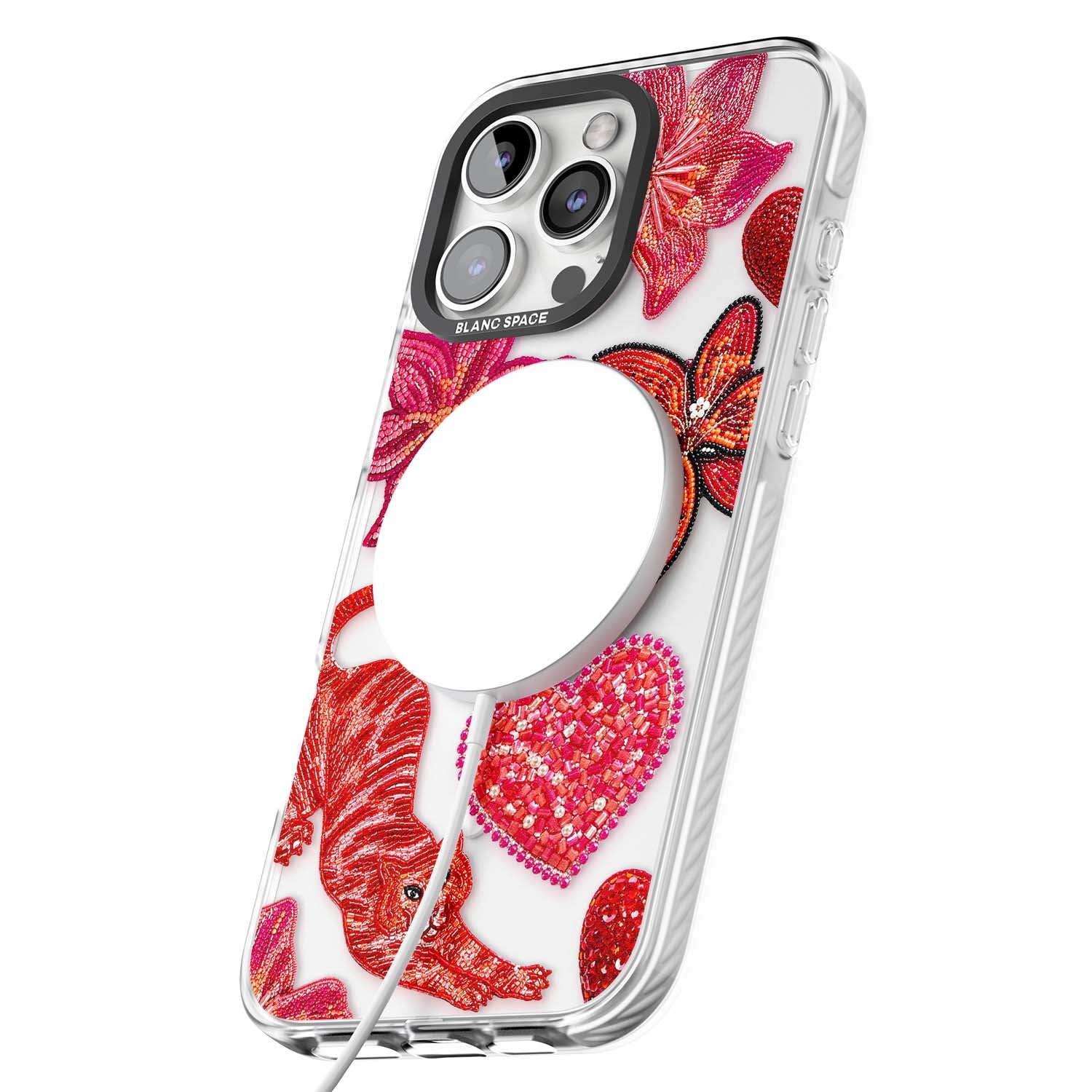 Beaded Boho floral iPhone case featuring beaded red lilies, a stitched tiger, and pearl-encrusted hearts on clear | Impact Magsafe case for iPhone 16 Pro, iPhone 16 Pro Max