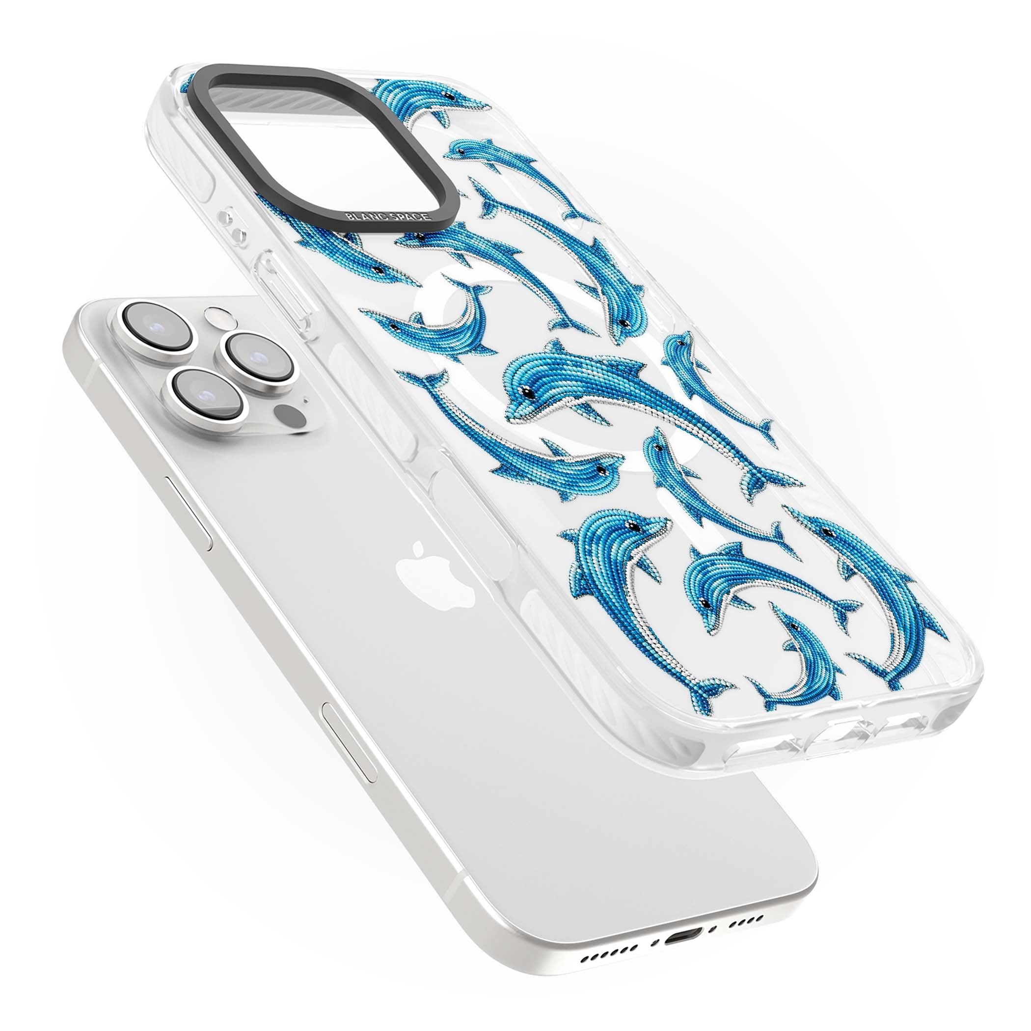 Beaded Dolphins coastal iPhone case featuring beaded dolphins in blue and white swimming across a clear background | Impact Magsafe case for iPhone 16 Pro, iPhone 16 Pro Max