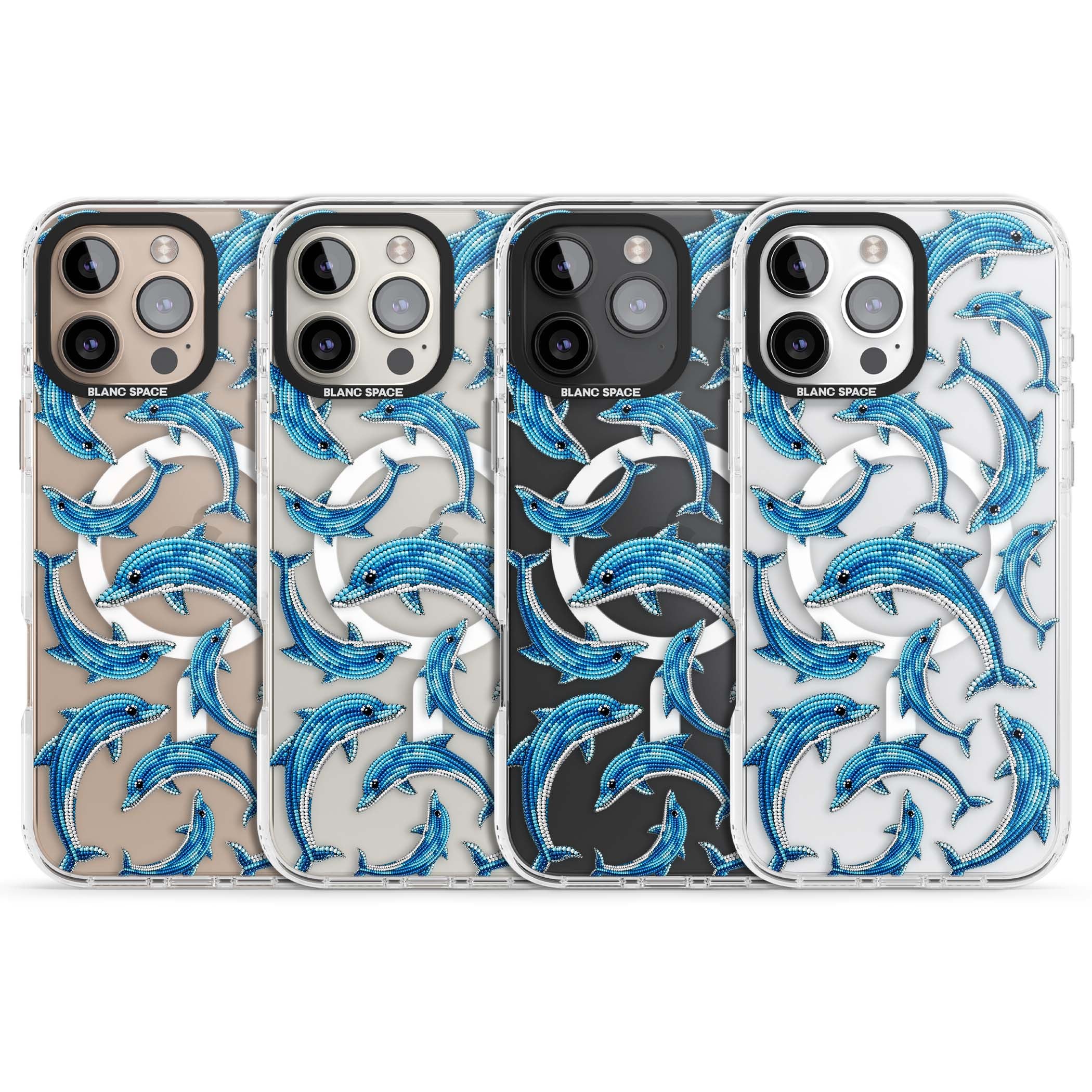 Beaded Dolphins coastal iPhone case featuring beaded dolphins in blue and white swimming across a clear background | Impact Magsafe case for iPhone 16 Pro, iPhone 16 Pro Max