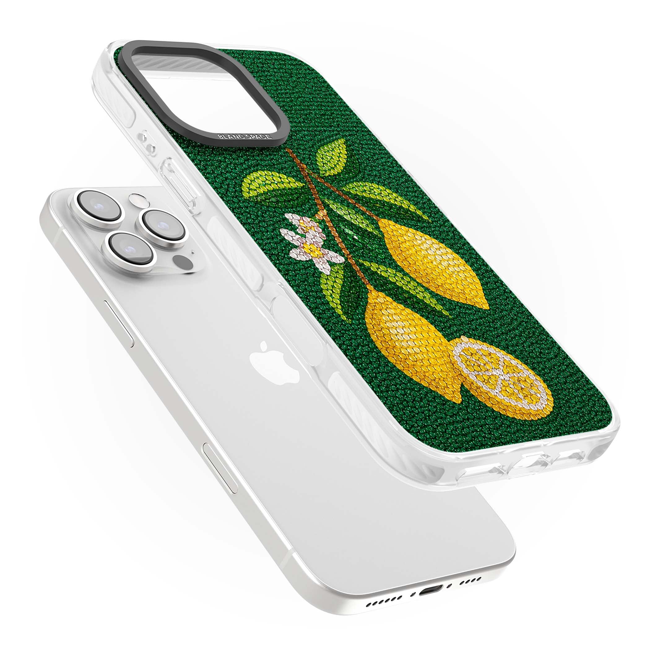 Beaded Lemons coastal iPhone case featuring crystal-beaded lemons, citrus blossom and green leaves on emerald ground | Impact Magsafe case for iPhone 16 Pro, iPhone 16 Pro Max
