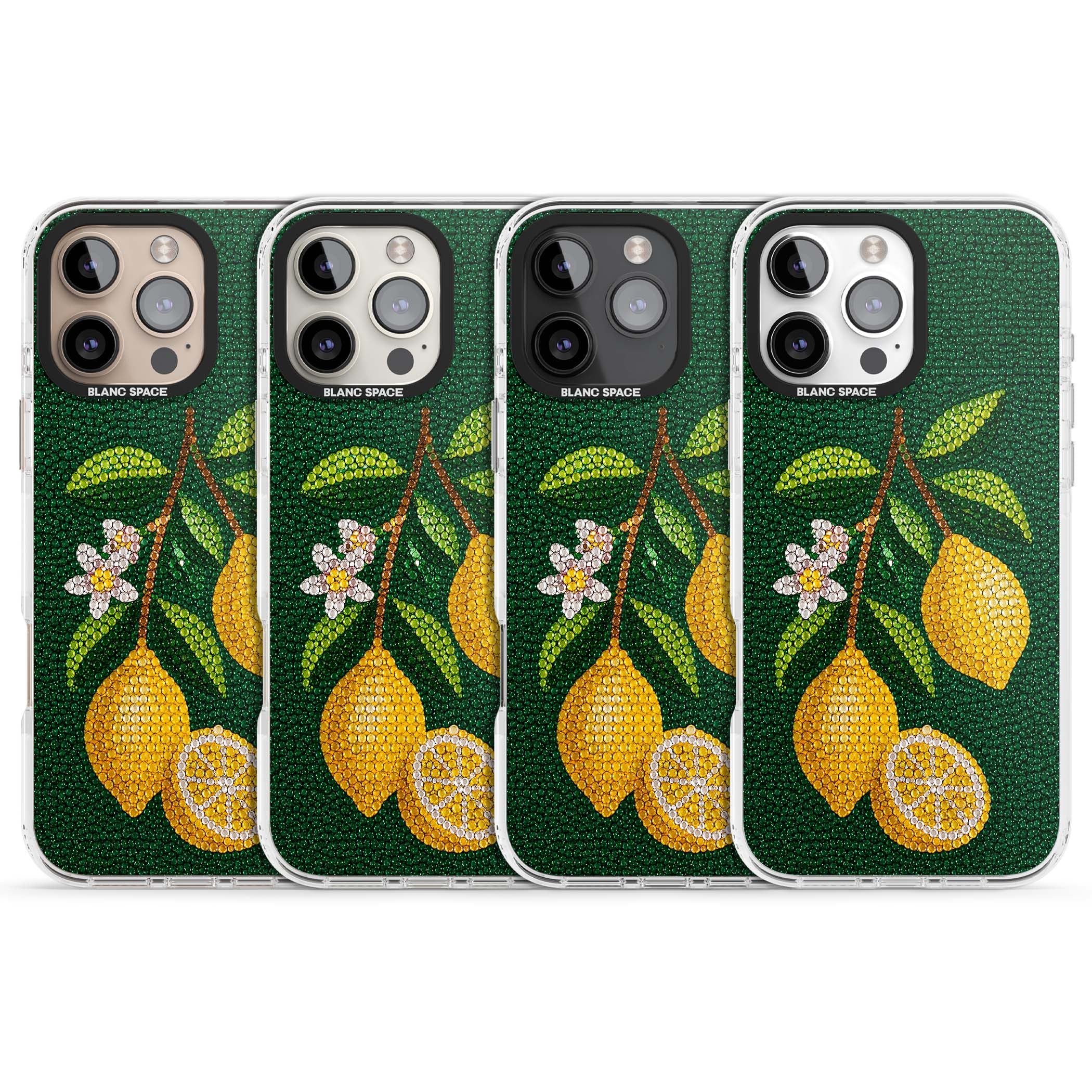 Beaded Lemons coastal iPhone case featuring crystal-beaded lemons, citrus blossom and green leaves on emerald ground | Impact Magsafe case for iPhone 16 Pro, iPhone 16 Pro Max