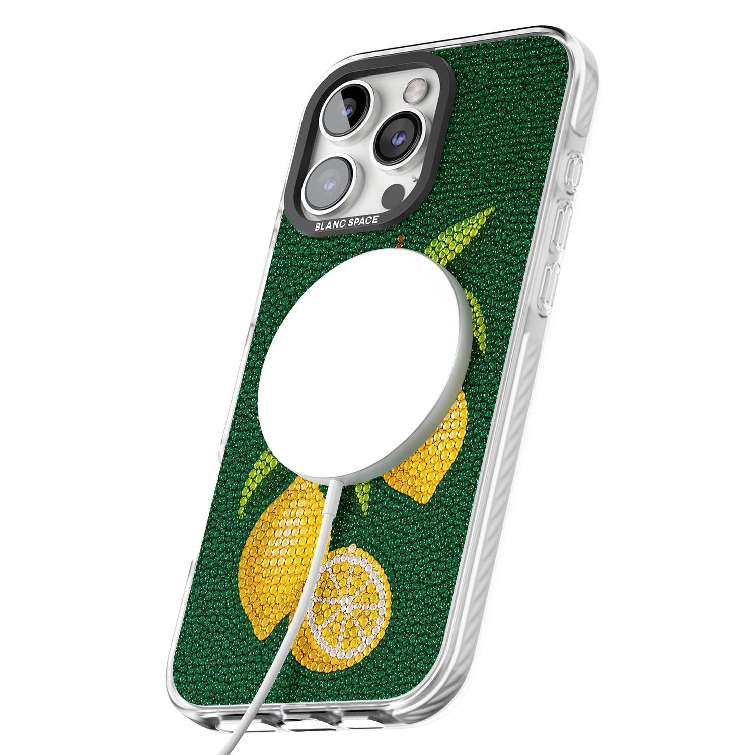 Beaded Lemons coastal iPhone case featuring crystal-beaded lemons, citrus blossom and green leaves on emerald ground | Impact Magsafe case for iPhone 16 Pro, iPhone 16 Pro Max