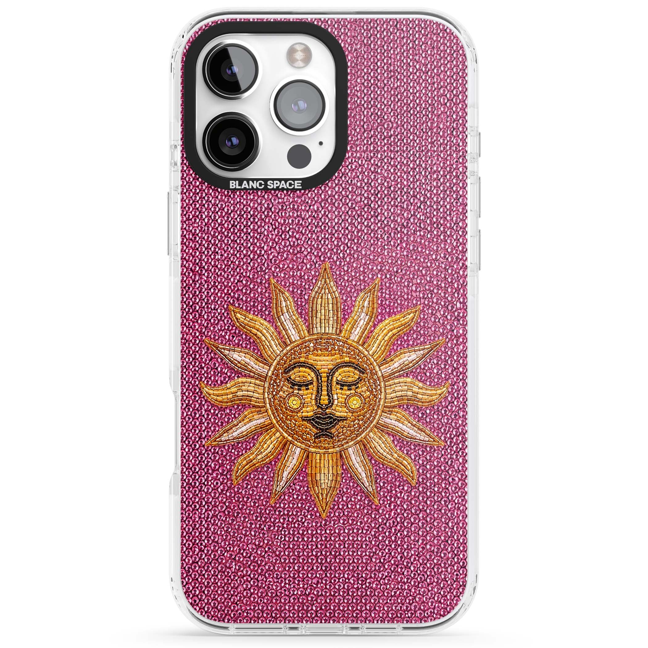 Beaded Sun celestial iPhone case featuring a golden beaded sun face with radiant rays on hot pink beaded background | Impact Magsafe case for iPhone 16 Pro, iPhone 16 Pro Max