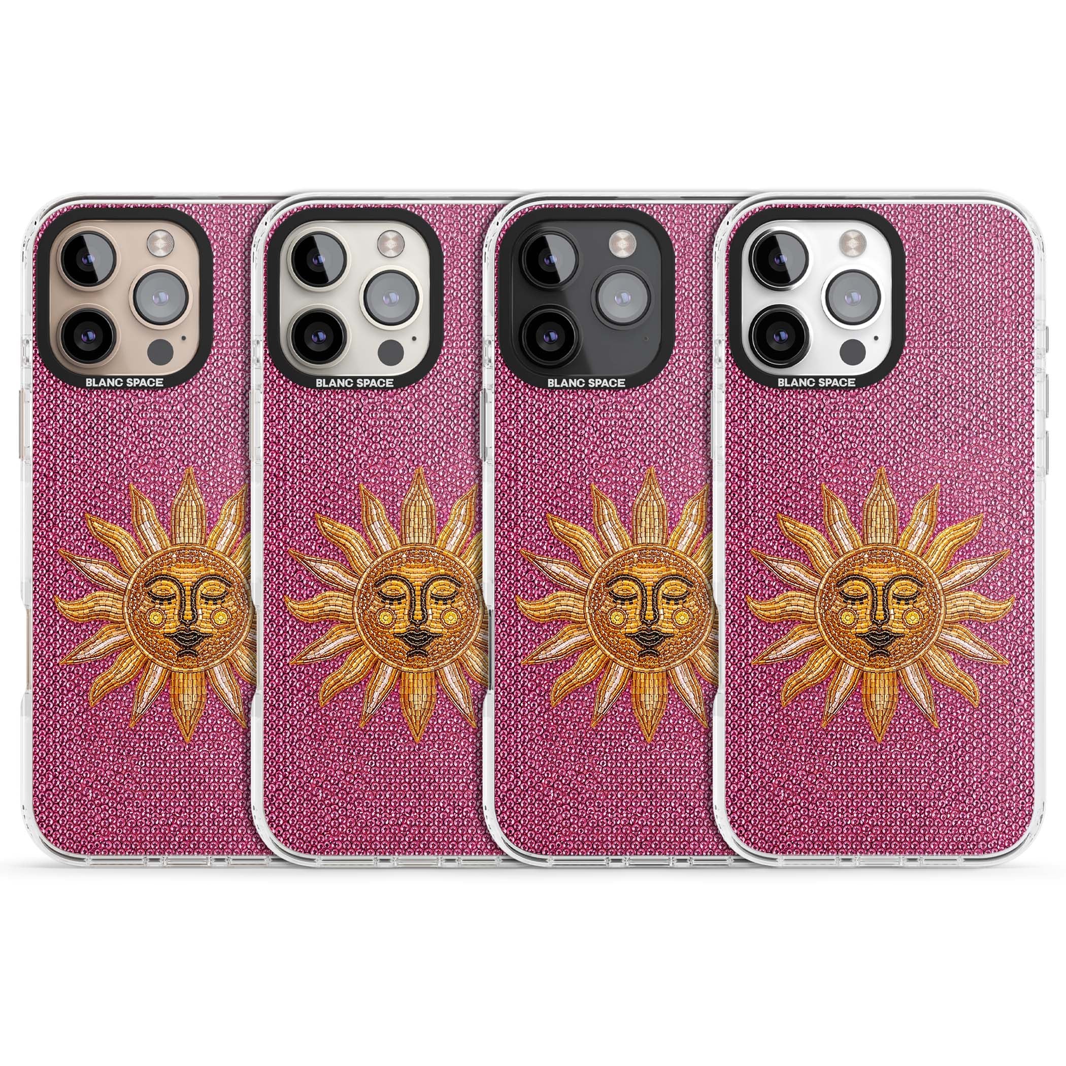 Beaded Sun celestial iPhone case featuring a golden beaded sun face with radiant rays on hot pink beaded background | Impact Magsafe case for iPhone 16 Pro, iPhone 16 Pro Max
