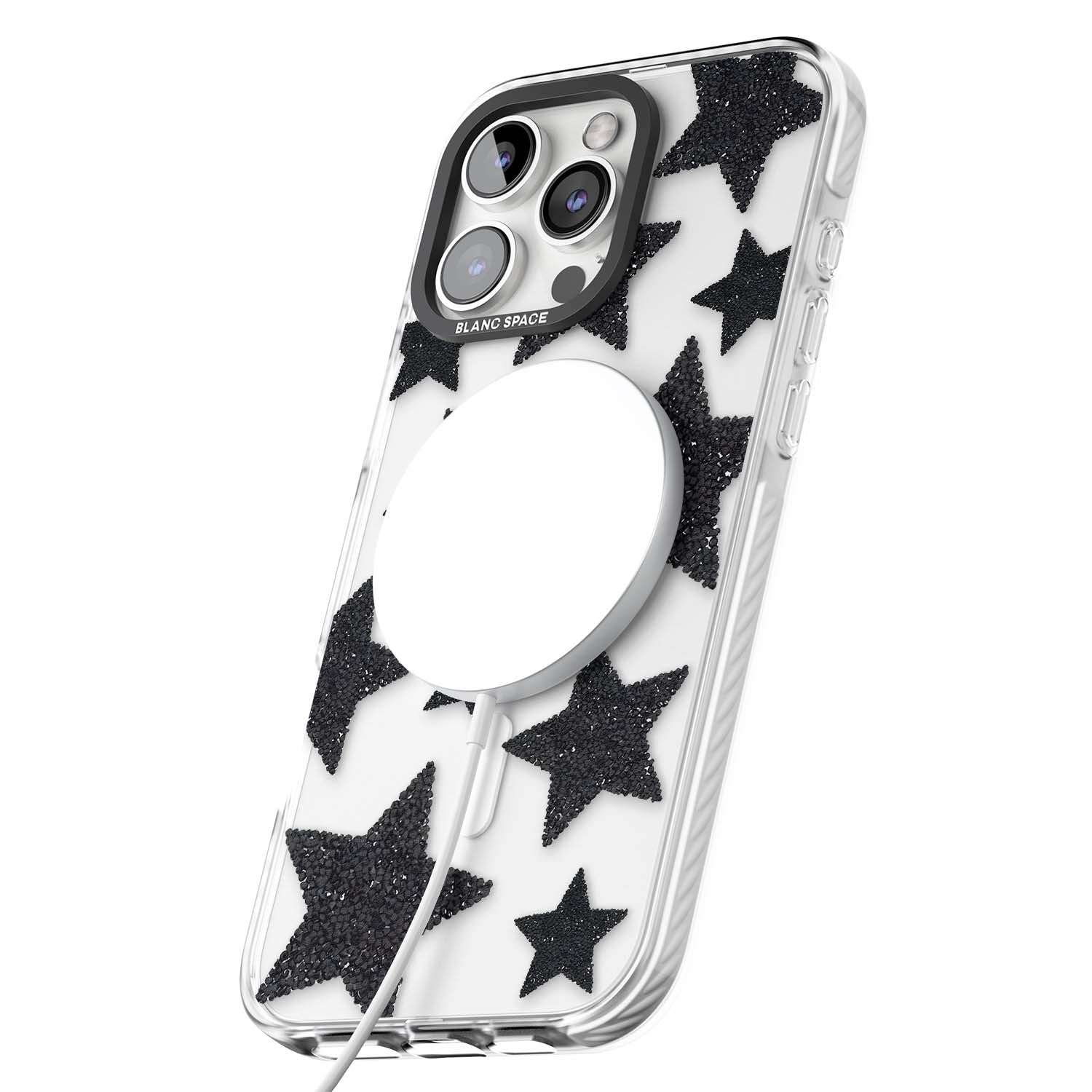 Beaded Black Stars celestial iPhone case featuring black glitter beaded stars scattered on a clear background | Impact Magsafe case for iPhone 16 Pro, iPhone 16 Pro Max