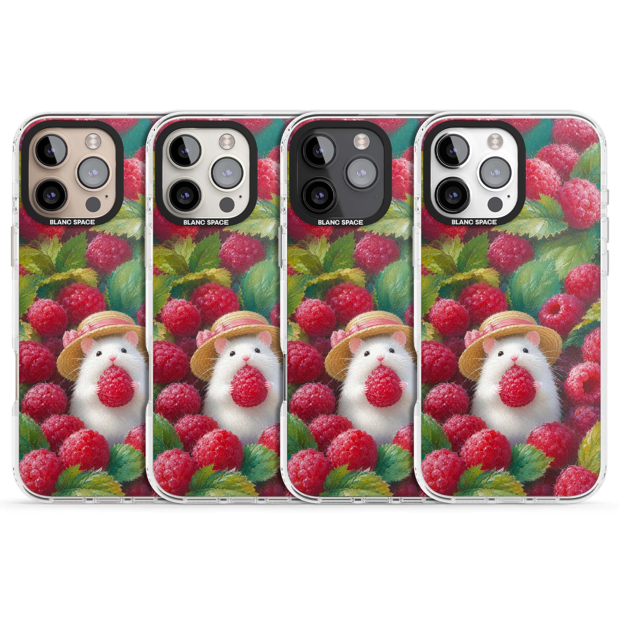 Berry Forager cottagecore iPhone case featuring a white hamster in a straw hat holding a raspberry surrounded by ripe ber | Impact Magsafe case for iPhone 16 Pro, iPhone 16 Pro Max