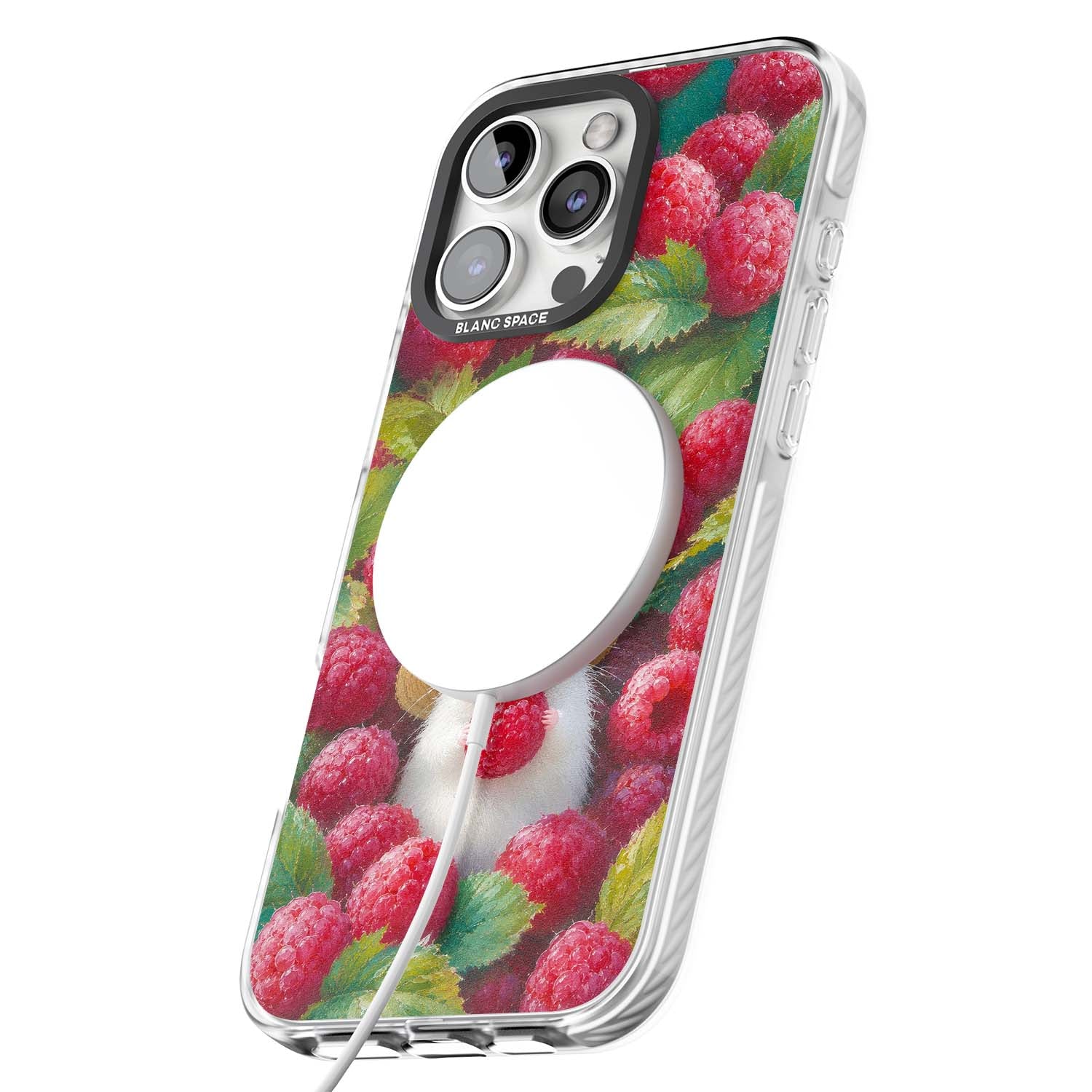 Berry Forager cottagecore iPhone case featuring a white hamster in a straw hat holding a raspberry surrounded by ripe ber | Impact Magsafe case for iPhone 16 Pro, iPhone 16 Pro Max