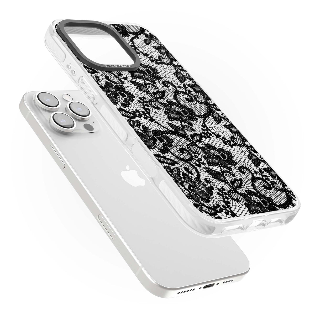 Black Lace gothic iPhone case featuring intricate black floral lace pattern with vintage whimsigoth detail | Impact Magsafe case for iPhone 16 Pro, iPhone 16 Pro Max