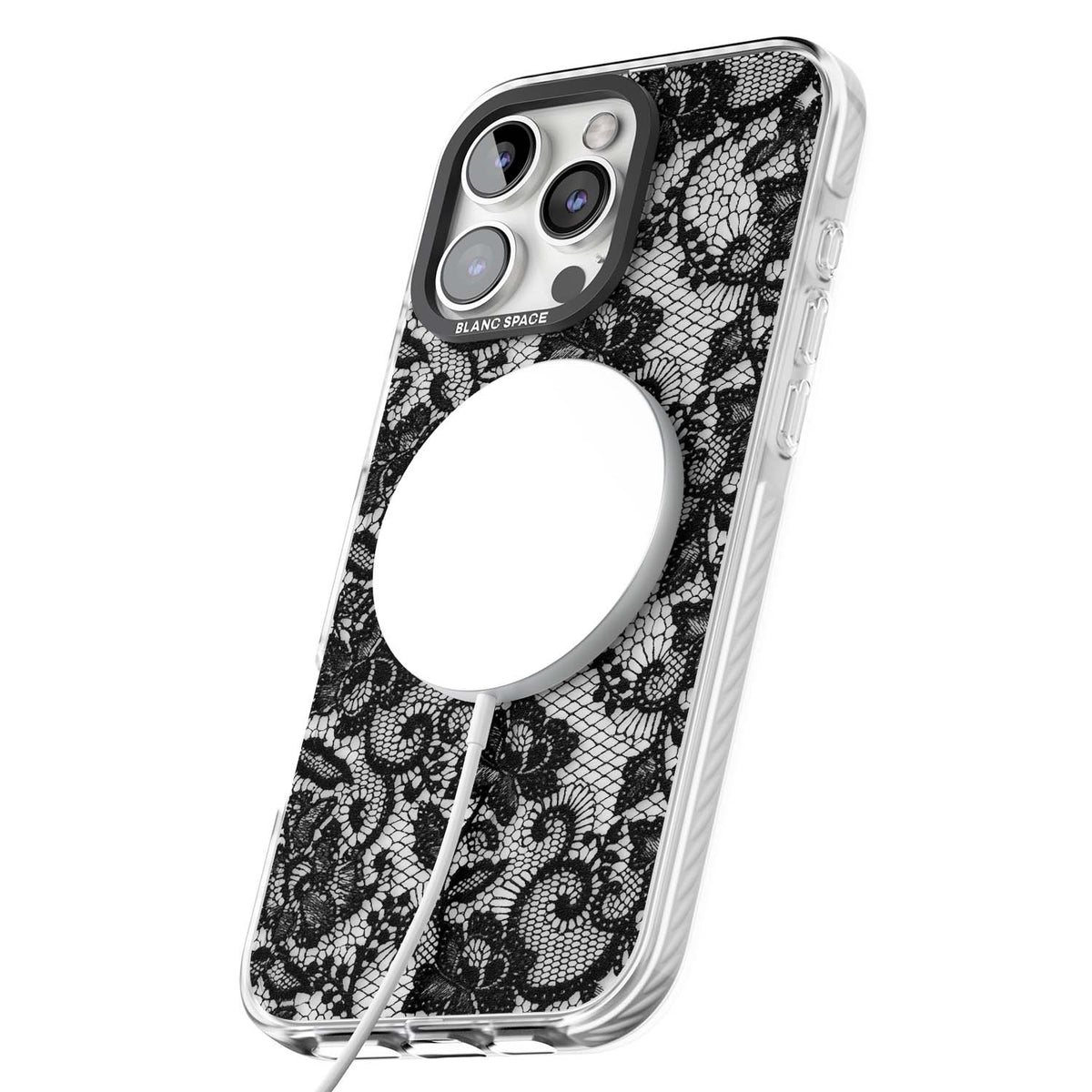 Black Lace gothic iPhone case featuring intricate black floral lace pattern with vintage whimsigoth detail | Impact Magsafe case for iPhone 16 Pro, iPhone 16 Pro Max