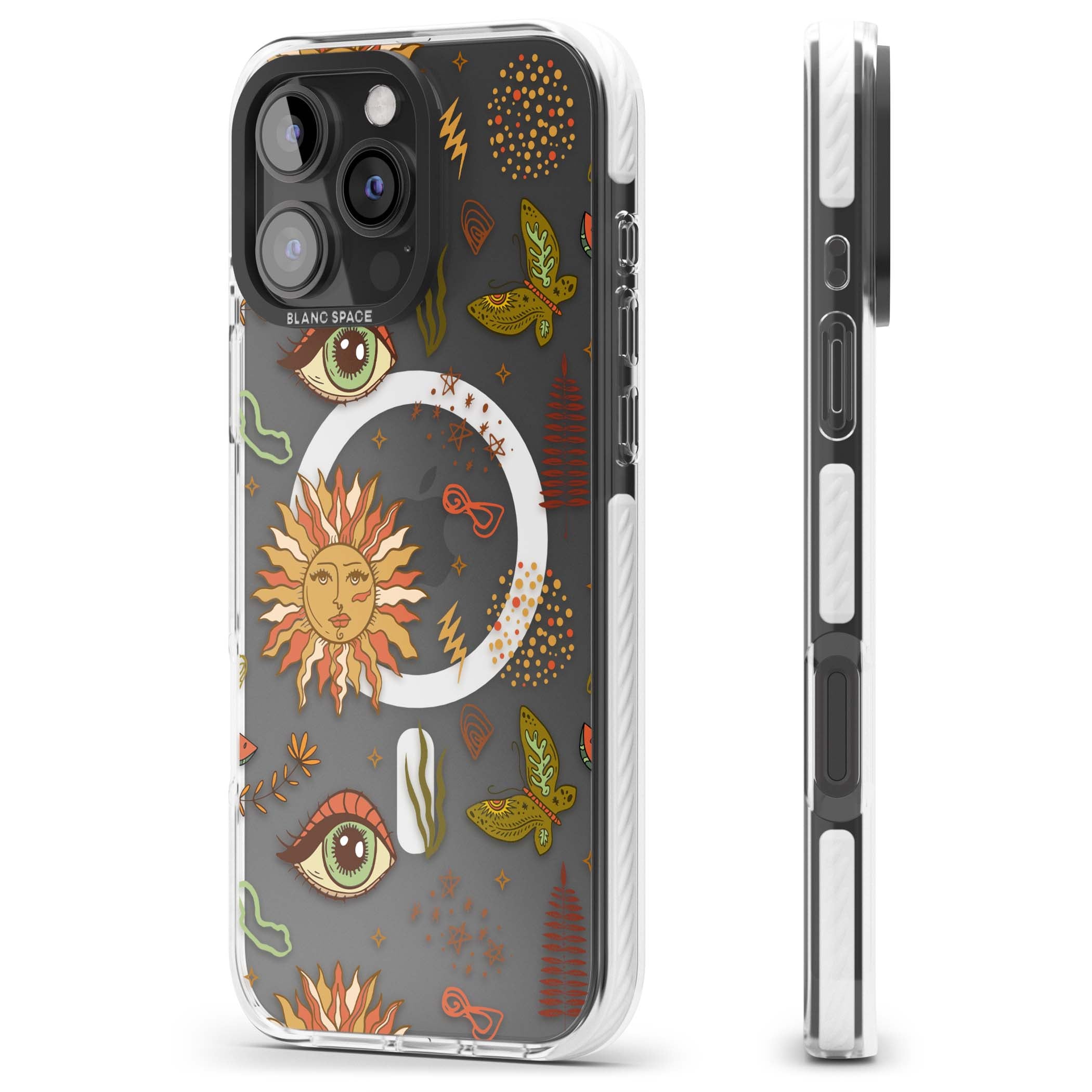Elevate Your Phone'S Style With This Boho Celestial Sun & Eye Phone Case, Featuring A Mystical Blend Of Suns, All-Seeing Eyes, Butterflies, Stars, And
