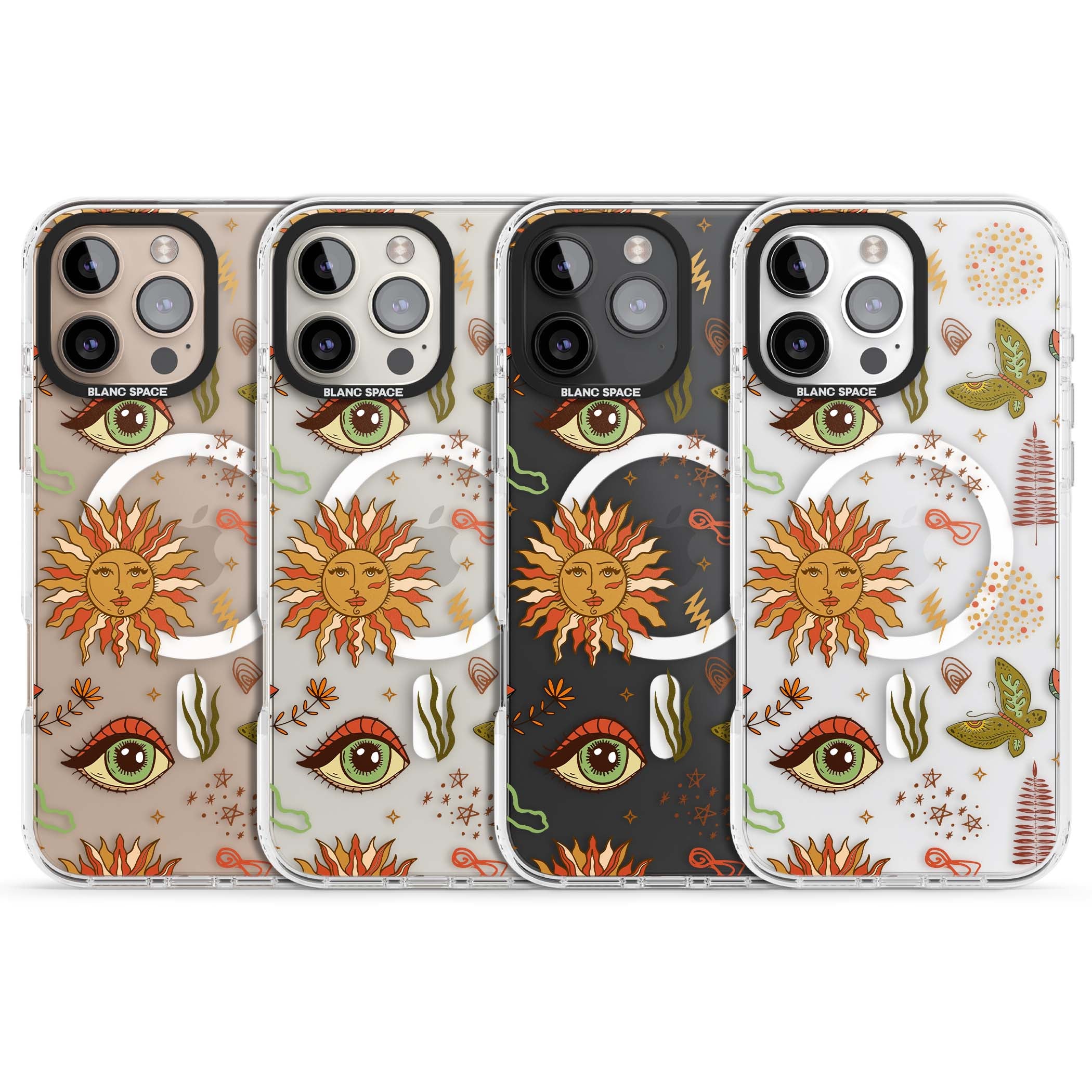 Elevate Your Phone'S Style With This Boho Celestial Sun & Eye Phone Case, Featuring A Mystical Blend Of Suns, All-Seeing Eyes, Butterflies, Stars, And