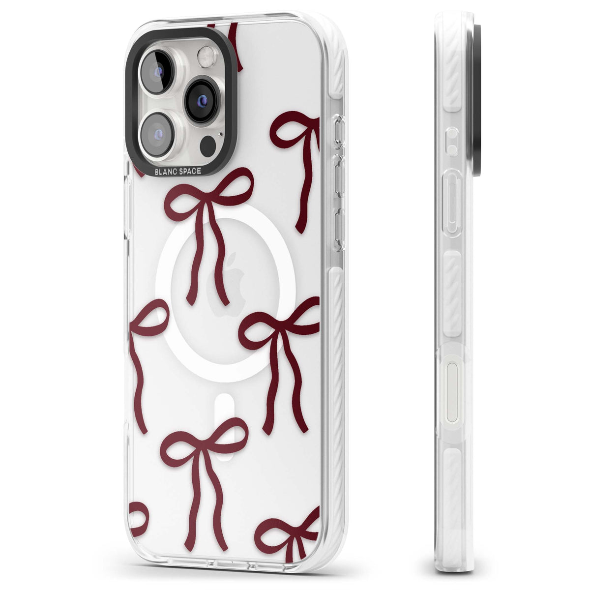 Burgundy Bows coquette iPhone case featuring hand-drawn burgundy red bows on a clear background | Impact Magsafe case for iPhone 16 Pro, iPhone 16 Pro Max