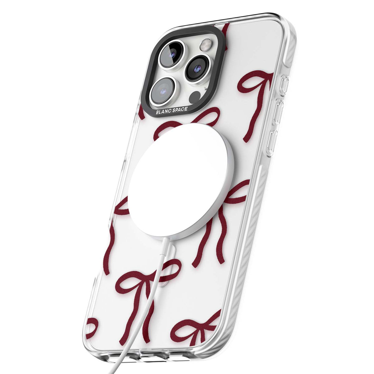 Burgundy Bows coquette iPhone case featuring hand-drawn burgundy red bows on a clear background | Impact Magsafe case for iPhone 16 Pro, iPhone 16 Pro Max