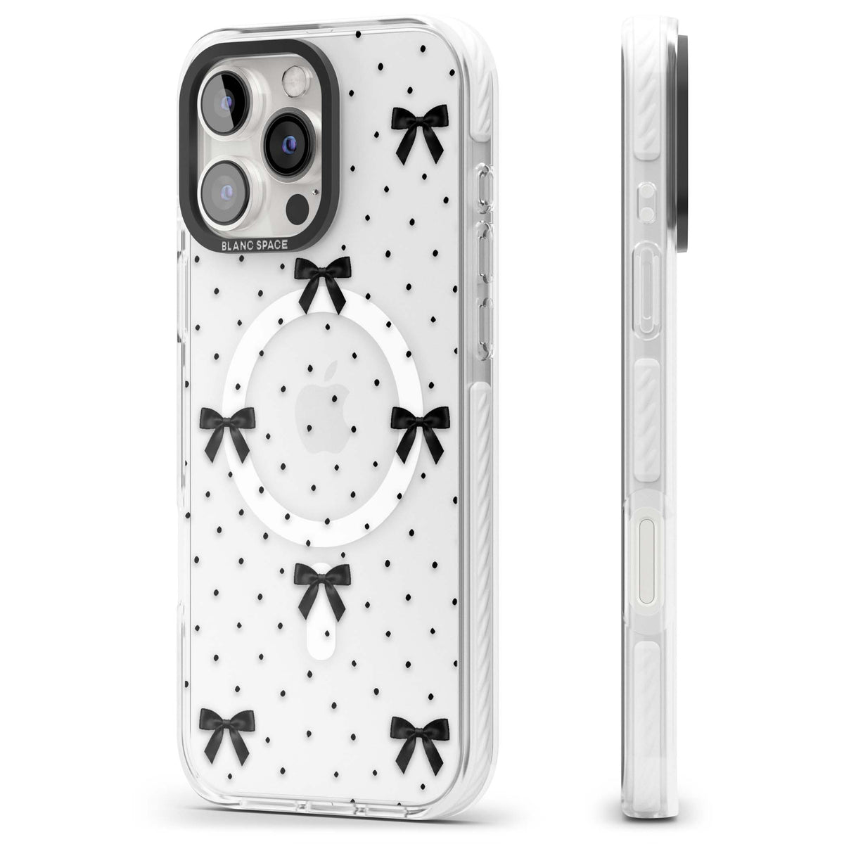 Black Polka Bows coquette iPhone case featuring scattered black satin bows and tiny polka dots on a clear base | Impact Magsafe case for iPhone 16 Pro, iPhone 16 Pro Max
