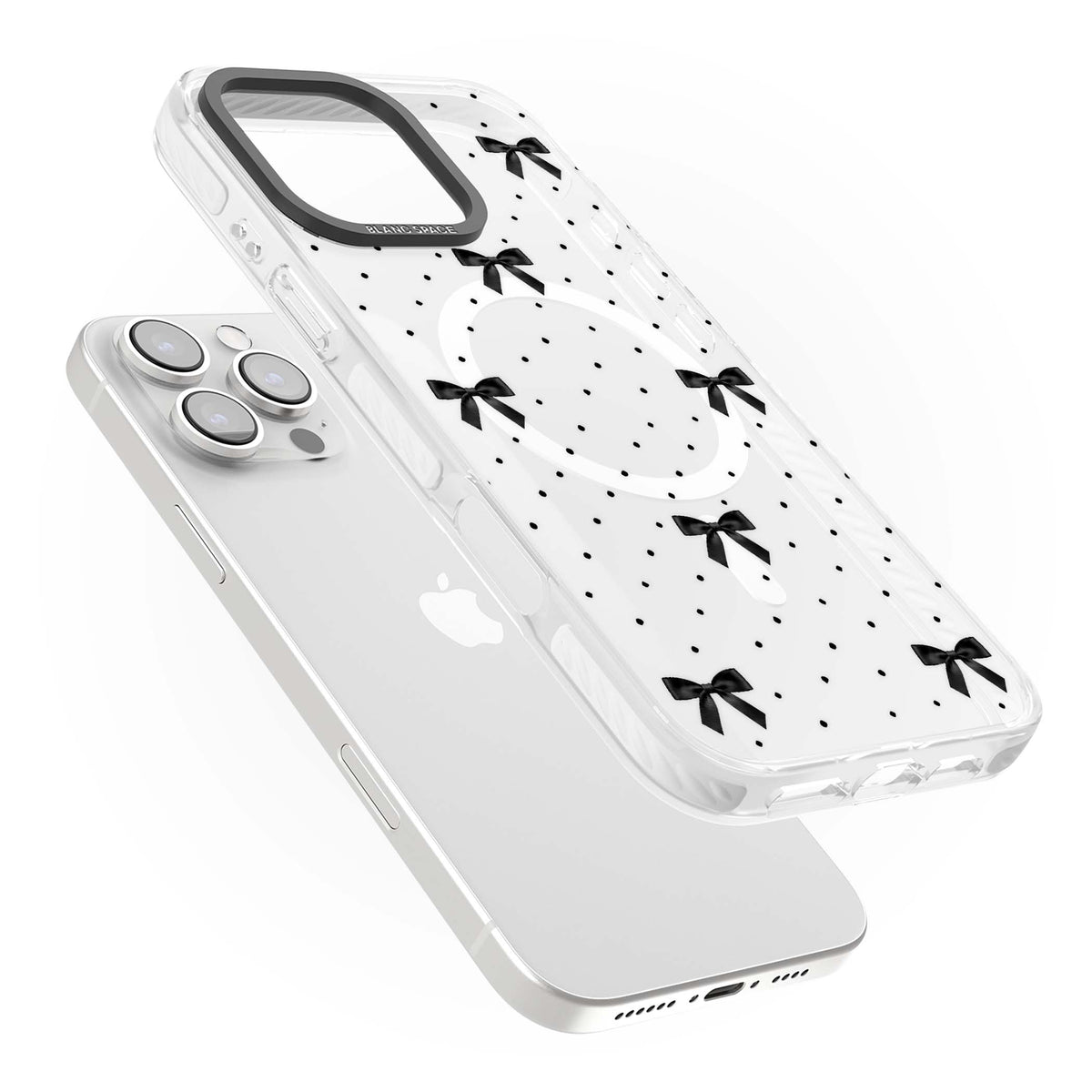 Black Polka Bows coquette iPhone case featuring scattered black satin bows and tiny polka dots on a clear base | Impact Magsafe case for iPhone 16 Pro, iPhone 16 Pro Max