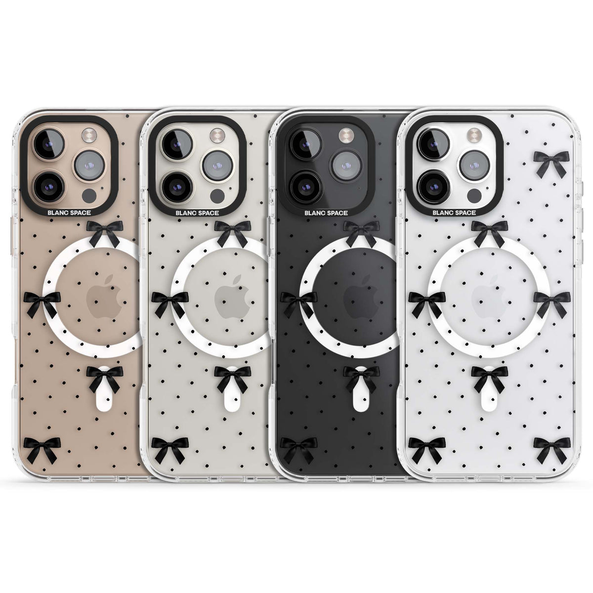 Black Polka Bows coquette iPhone case featuring scattered black satin bows and tiny polka dots on a clear base | Impact Magsafe case for iPhone 16 Pro, iPhone 16 Pro Max