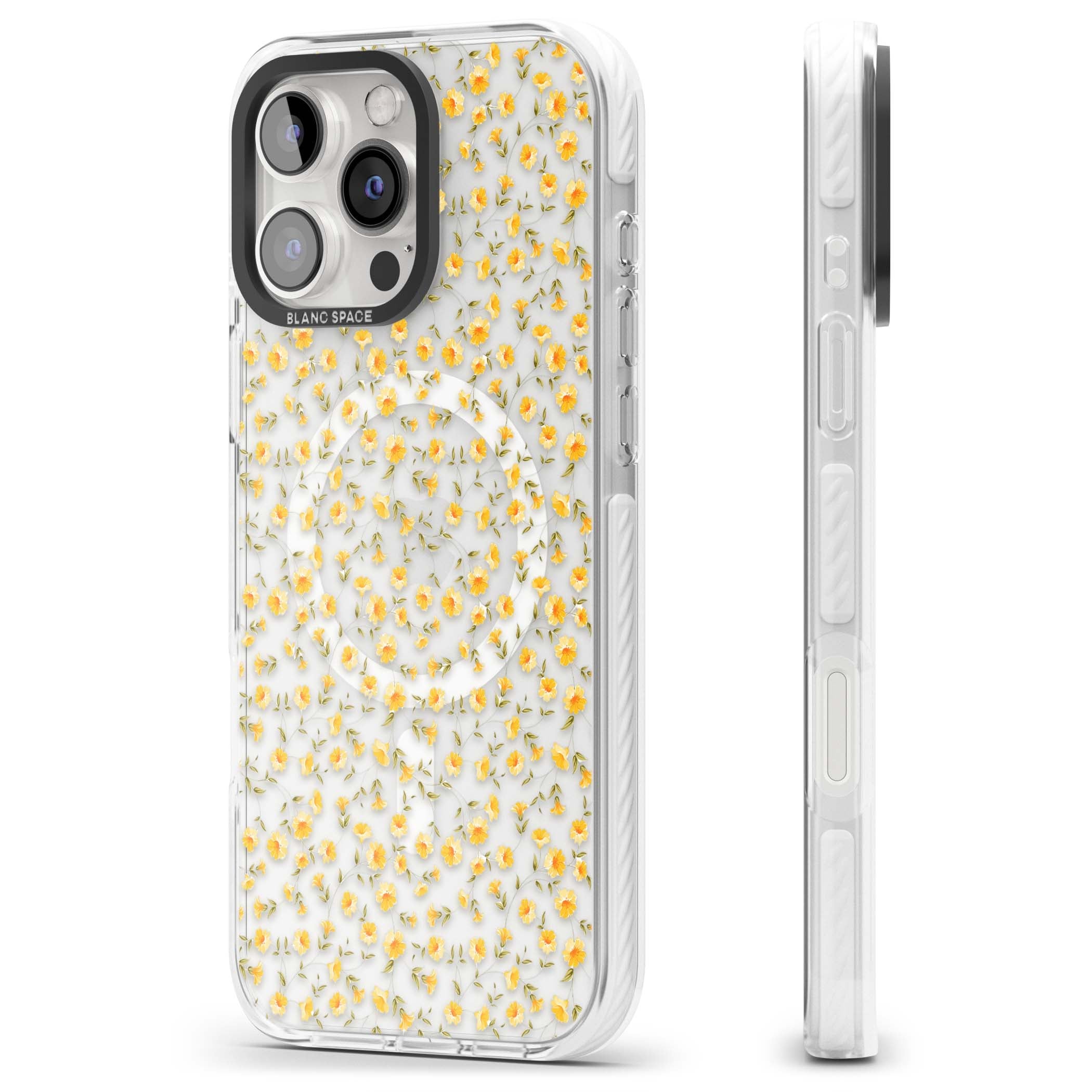Buttercup wildflower iPhone case featuring tiny yellow flowers and trailing green vines on clear | Impact Magsafe case for iPhone 16 Pro, iPhone 16 Pro Max