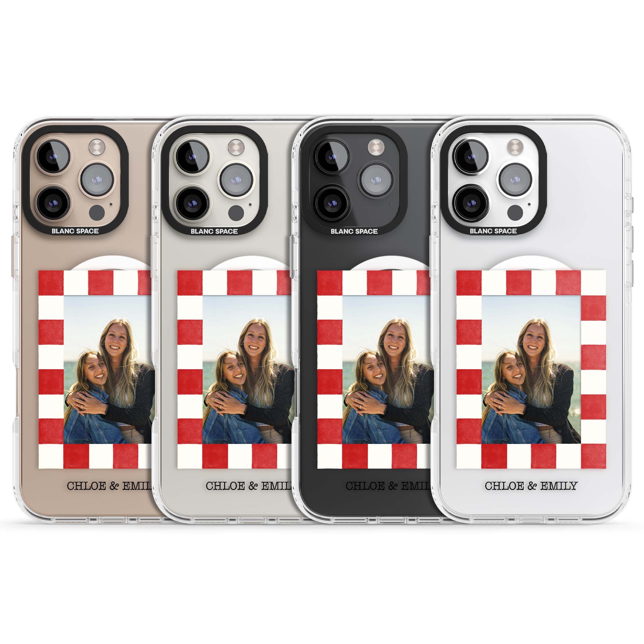 Red Check Photo personalised photo iPhone case with red and white checkered polaroid frame and custom couple name | Impact Magsafe case for iPhone 16 Pro, iPhone 16 Pro Max