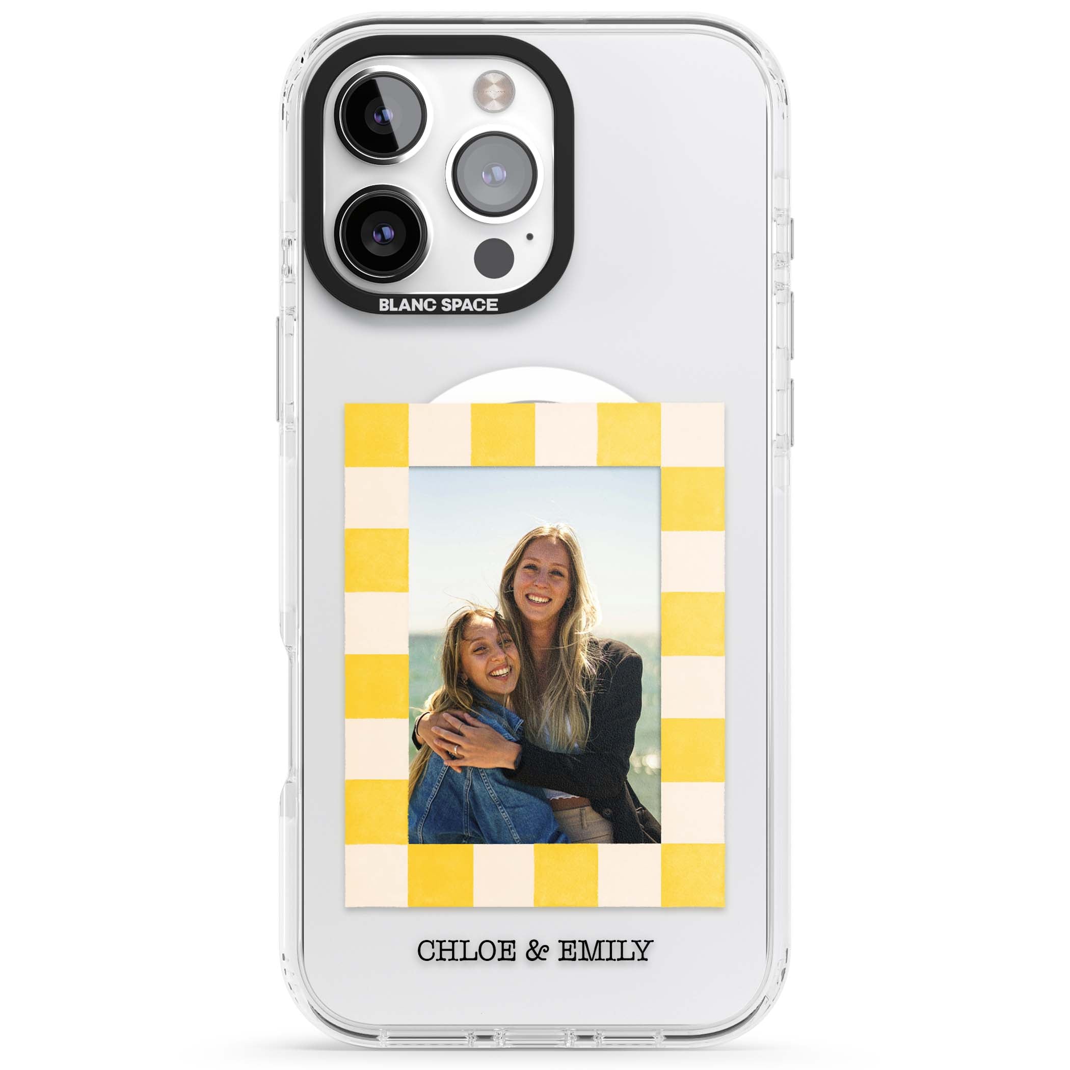 Yellow Check Photo personalised iPhone case with yellow checkered Polaroid frame and custom names beneath | Impact Magsafe case for iPhone 16 Pro, iPhone 16 Pro Max