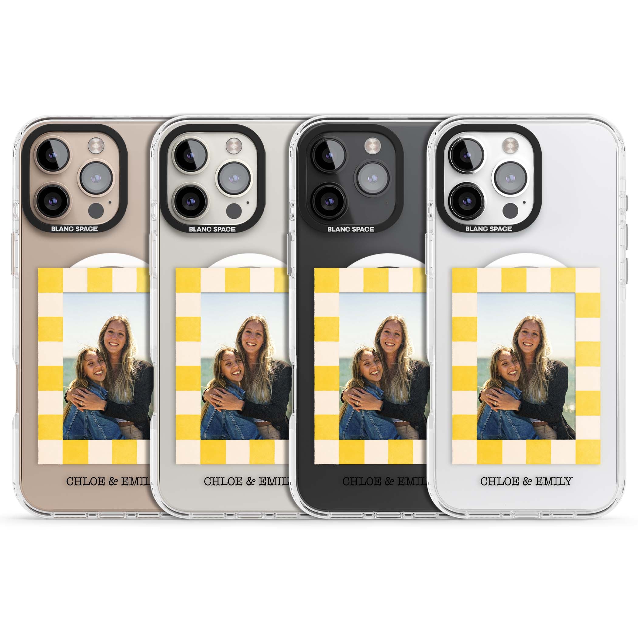 Yellow Check Photo personalised iPhone case with yellow checkered Polaroid frame and custom names beneath | Impact Magsafe case for iPhone 16 Pro, iPhone 16 Pro Max