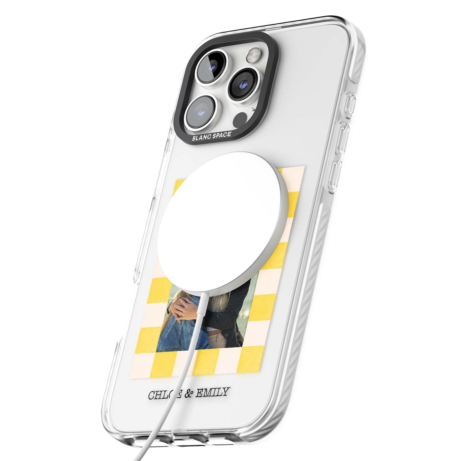 Yellow Check Photo personalised iPhone case with yellow checkered Polaroid frame and custom names beneath | Impact Magsafe case for iPhone 16 Pro, iPhone 16 Pro Max