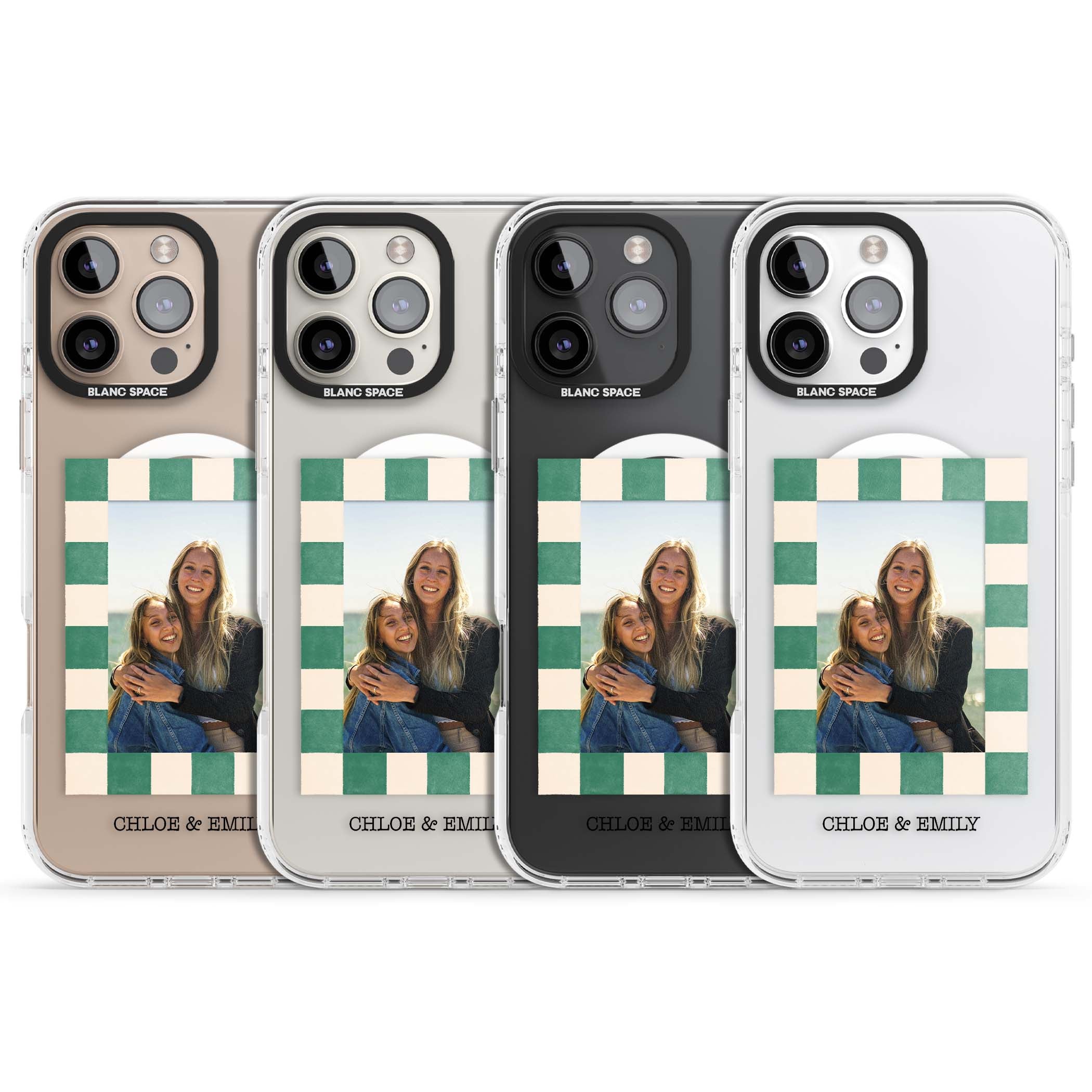 Seafoam Check Photo personalised iPhone case featuring a custom polaroid photo, green and cream checkered frame, and custom n | Impact Magsafe case for iPhone 16 Pro, iPhone 16 Pro Max