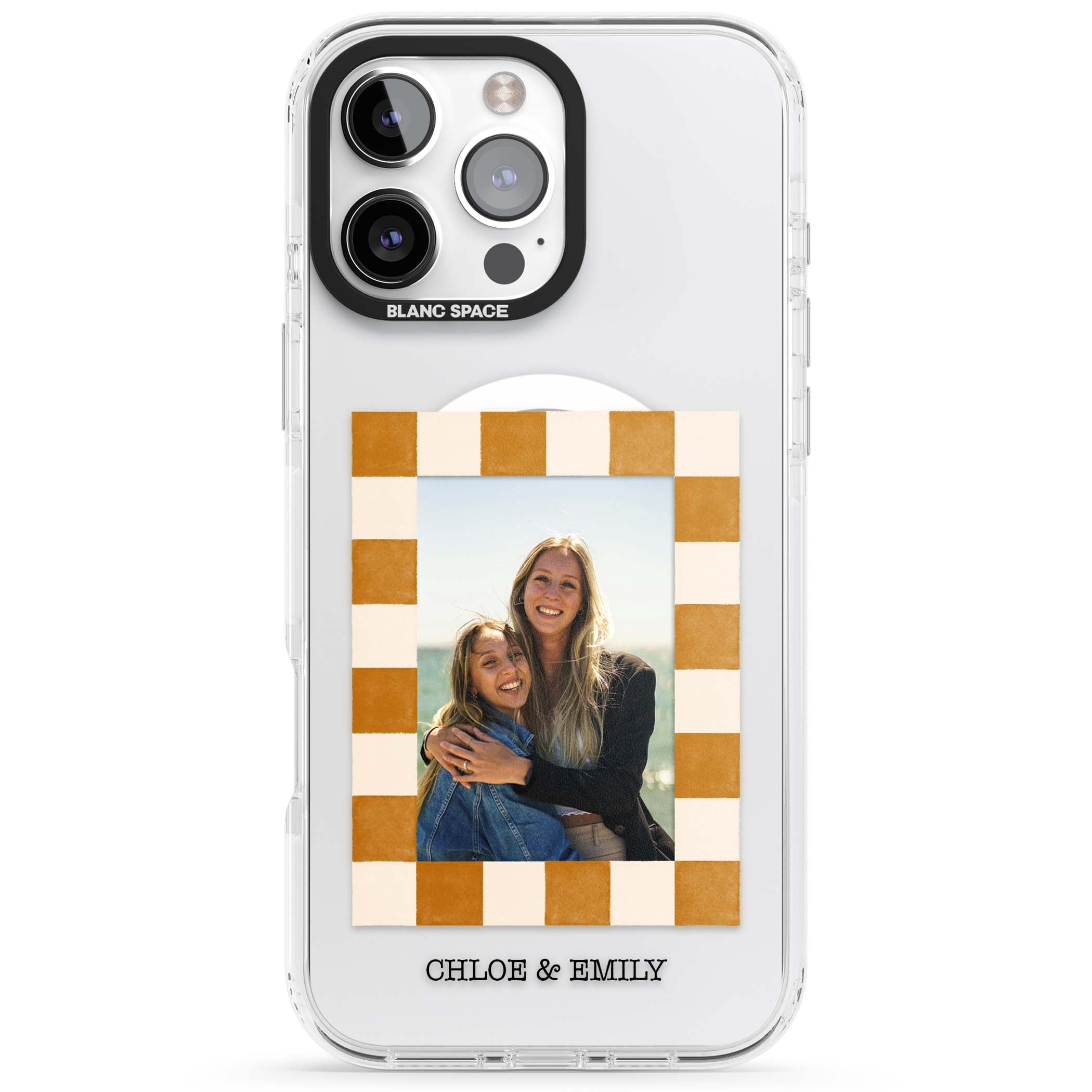 Citrus Check Photo personalised iPhone case with custom photo, orange checkered frame and names underneath | Impact Magsafe case for iPhone 16 Pro, iPhone 16 Pro Max