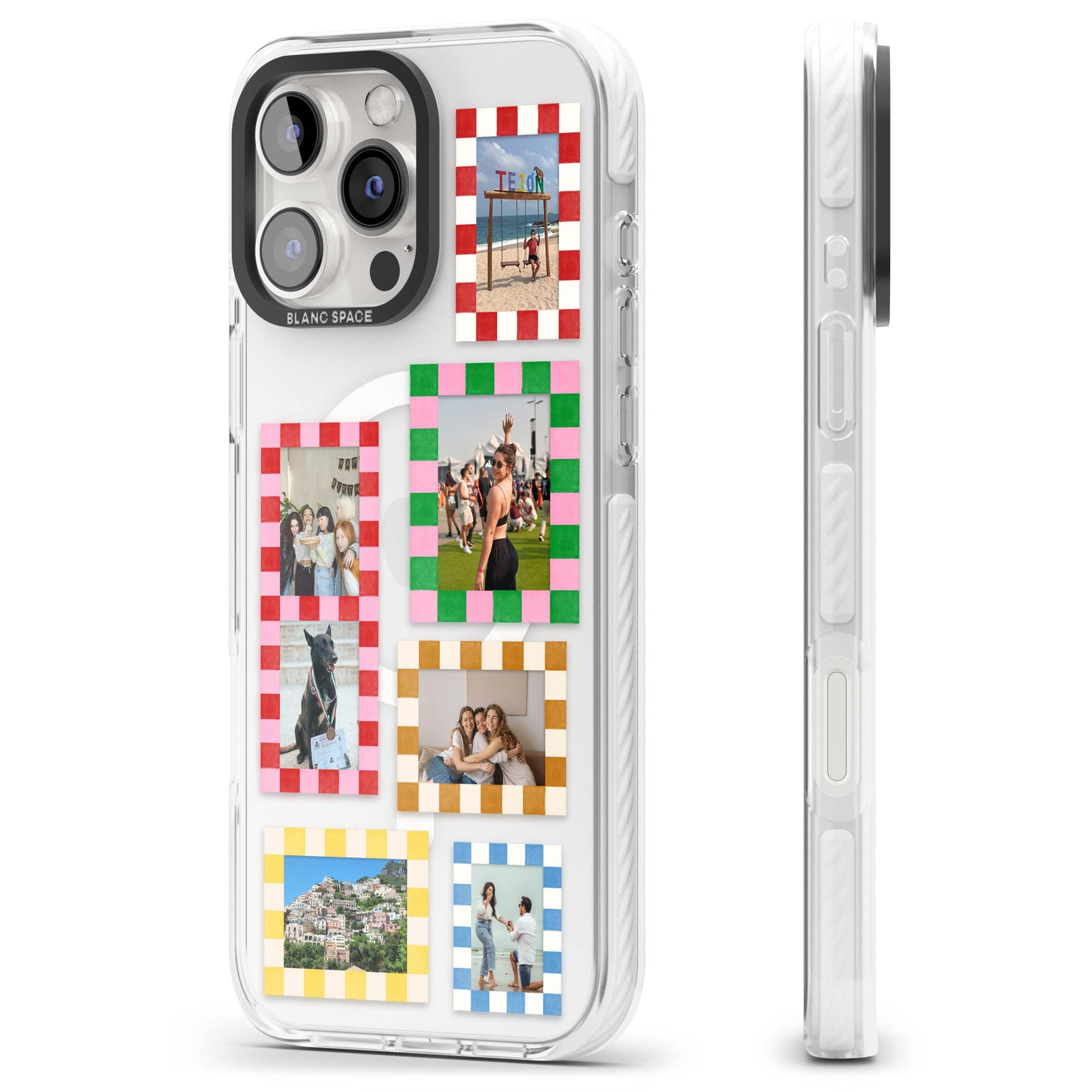 Italian Check Frames custom photo collage iPhone case featuring six checkered photo frames in red, green, pink and  | Impact Magsafe case for iPhone 16 Pro, iPhone 16 Pro Max