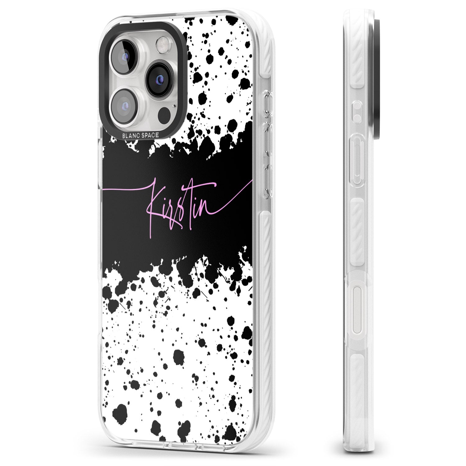 iPhone 16 Pro Max Personalised Black & White Paint Splatters Black Impact Phone Case