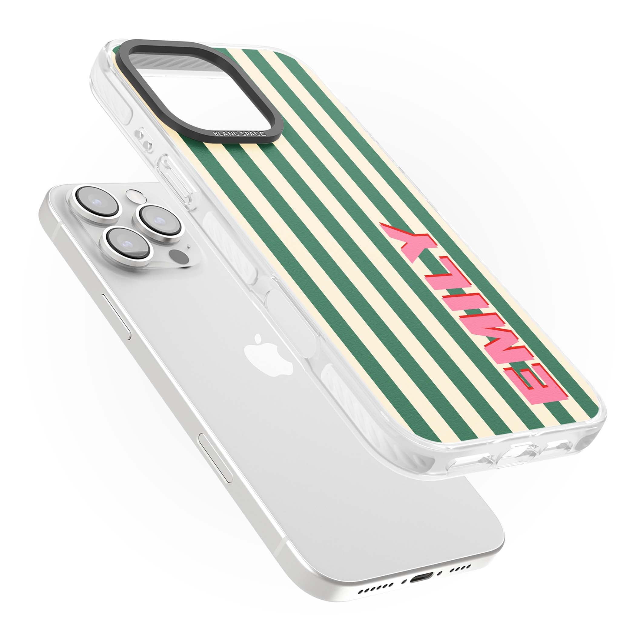 Wimbledon Stripe preppy iPhone case featuring green and cream vertical stripes with a personalised pink name | Impact Magsafe case for iPhone 16 Pro, iPhone 16 Pro Max