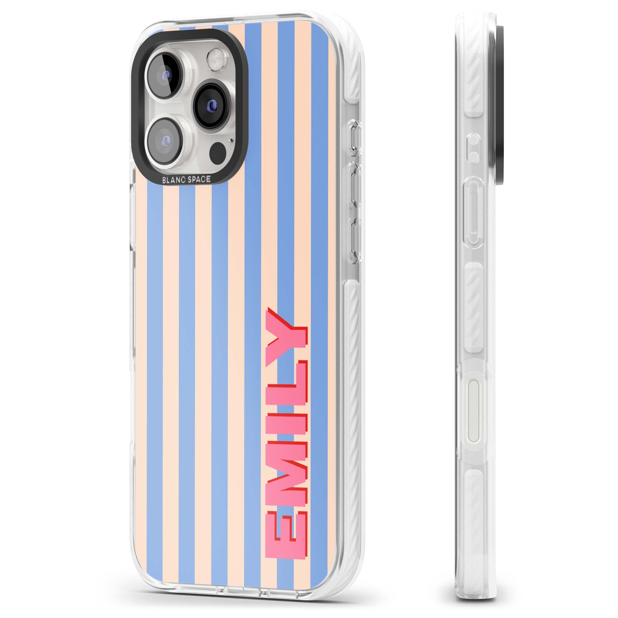 Coastal Stripe personalised coastal iPhone case with blue and peach vertical stripes and custom pink name | Impact Magsafe case for iPhone 16 Pro, iPhone 16 Pro Max
