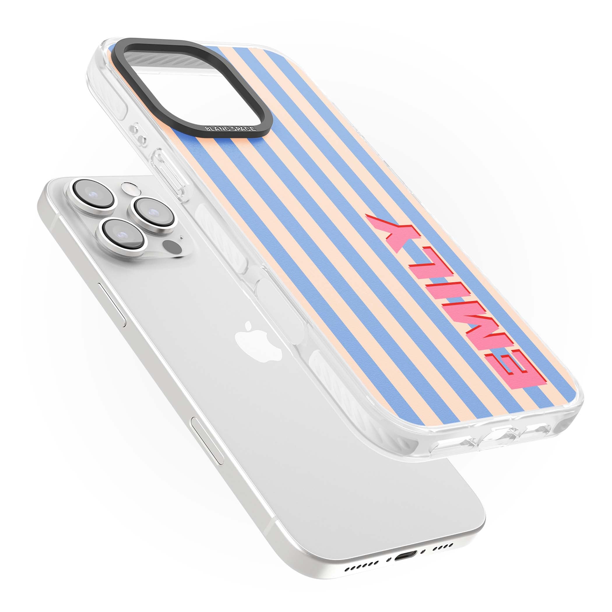 Coastal Stripe personalised coastal iPhone case with blue and peach vertical stripes and custom pink name | Impact Magsafe case for iPhone 16 Pro, iPhone 16 Pro Max