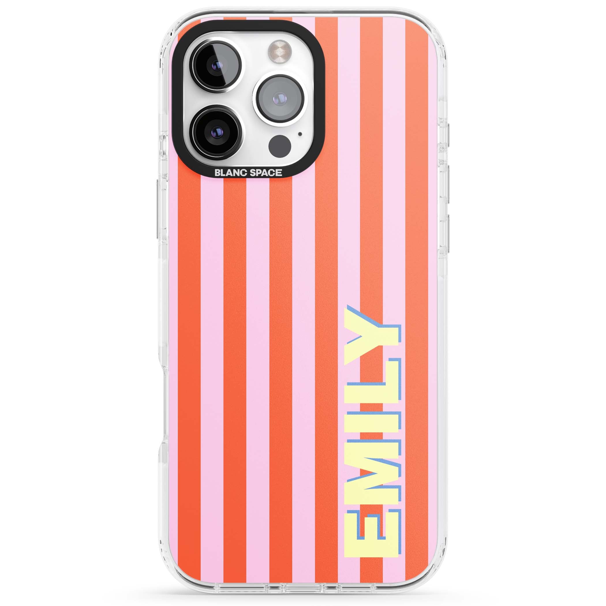Havana Stripe personalised iPhone case featuring pink and orange vertical stripes with a custom yellow name | Impact Magsafe case for iPhone 16 Pro, iPhone 16 Pro Max