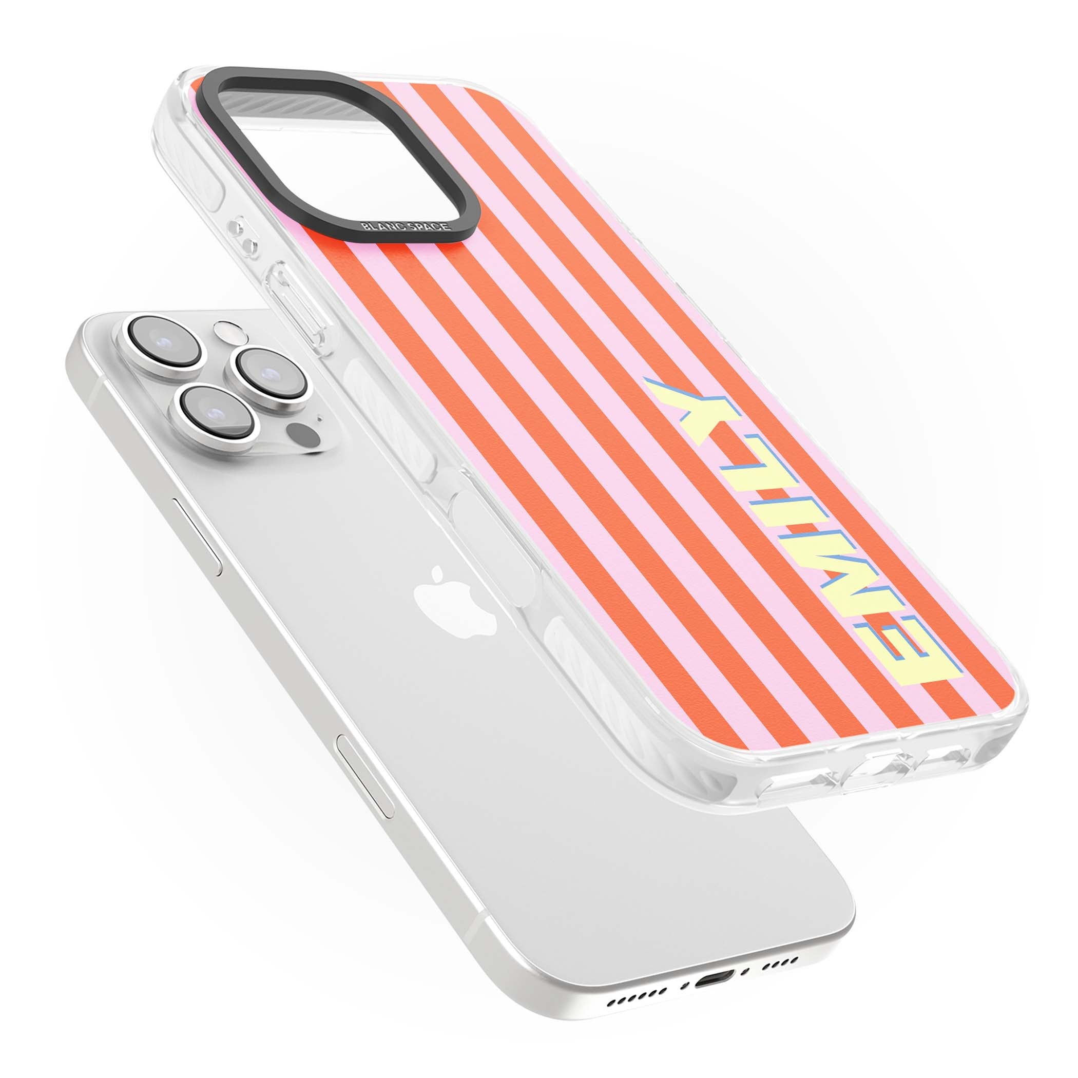 Havana Stripe personalised iPhone case featuring pink and orange vertical stripes with a custom yellow name | Impact Magsafe case for iPhone 16 Pro, iPhone 16 Pro Max