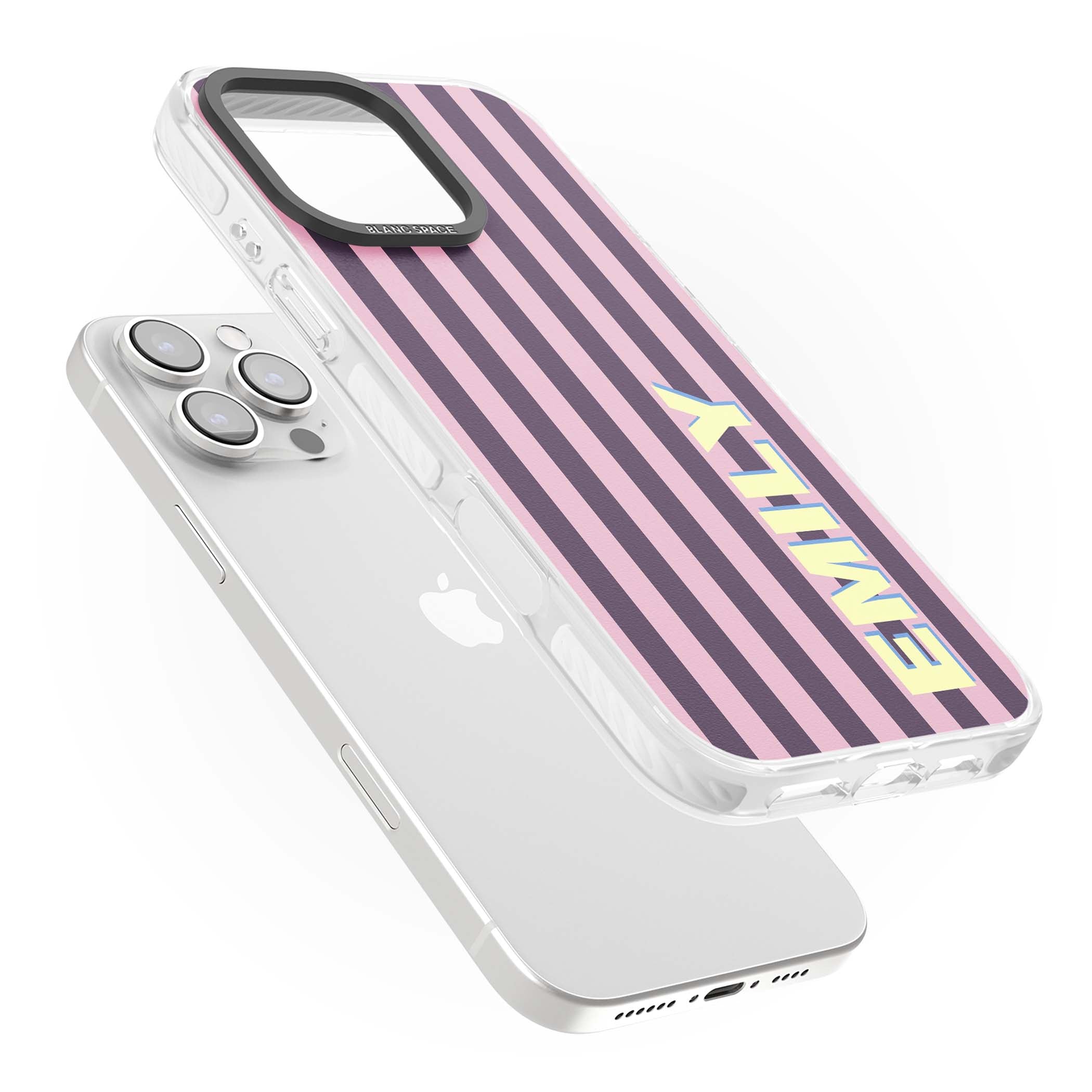 Tyre Stripe personalised stripe iPhone case with plum and pink vertical stripes and custom yellow name | Impact Magsafe case for iPhone 16 Pro, iPhone 16 Pro Max