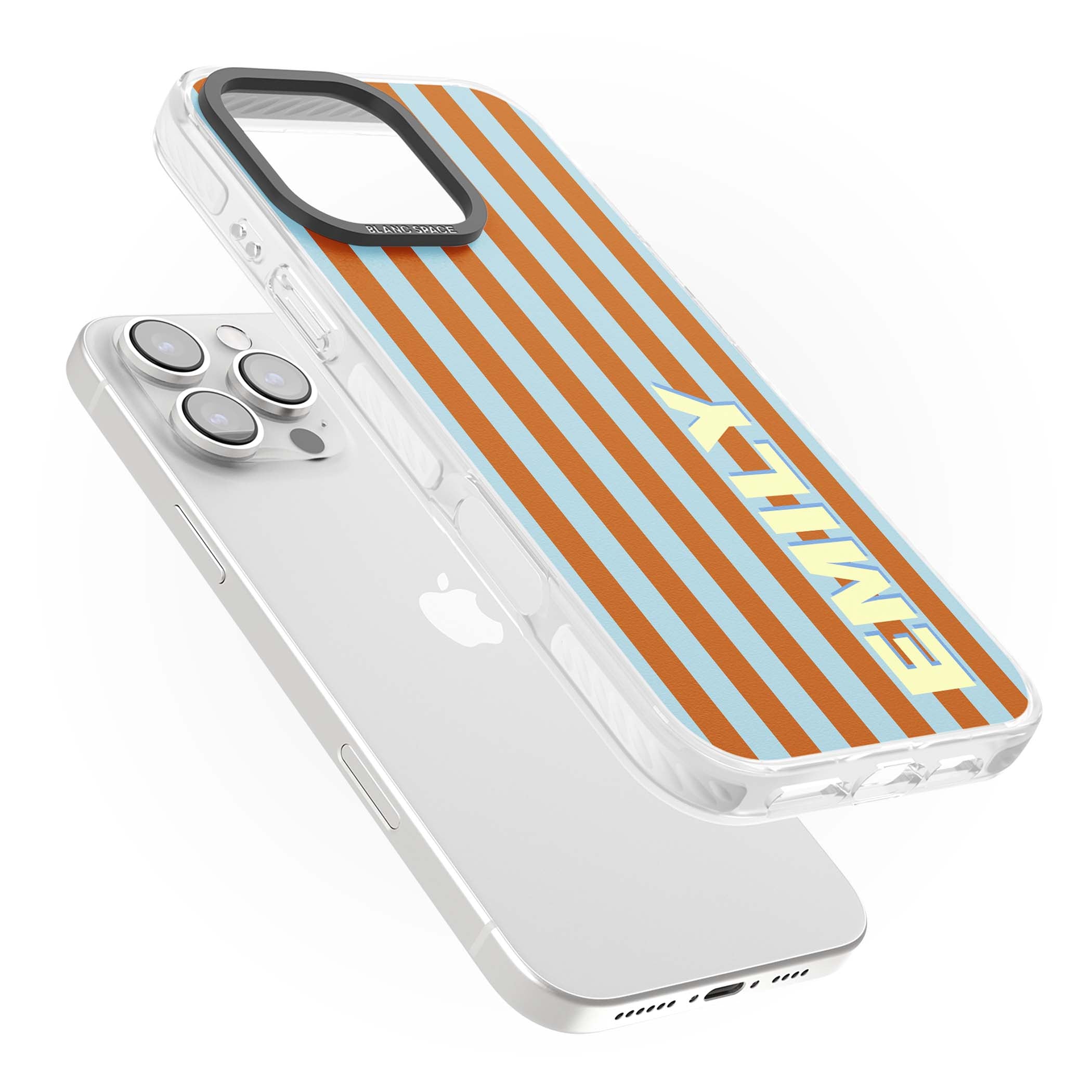 Cappadocia Stripe personalised coastal iPhone case featuring blue and orange vertical stripes with custom cream name | Impact Magsafe case for iPhone 16 Pro, iPhone 16 Pro Max