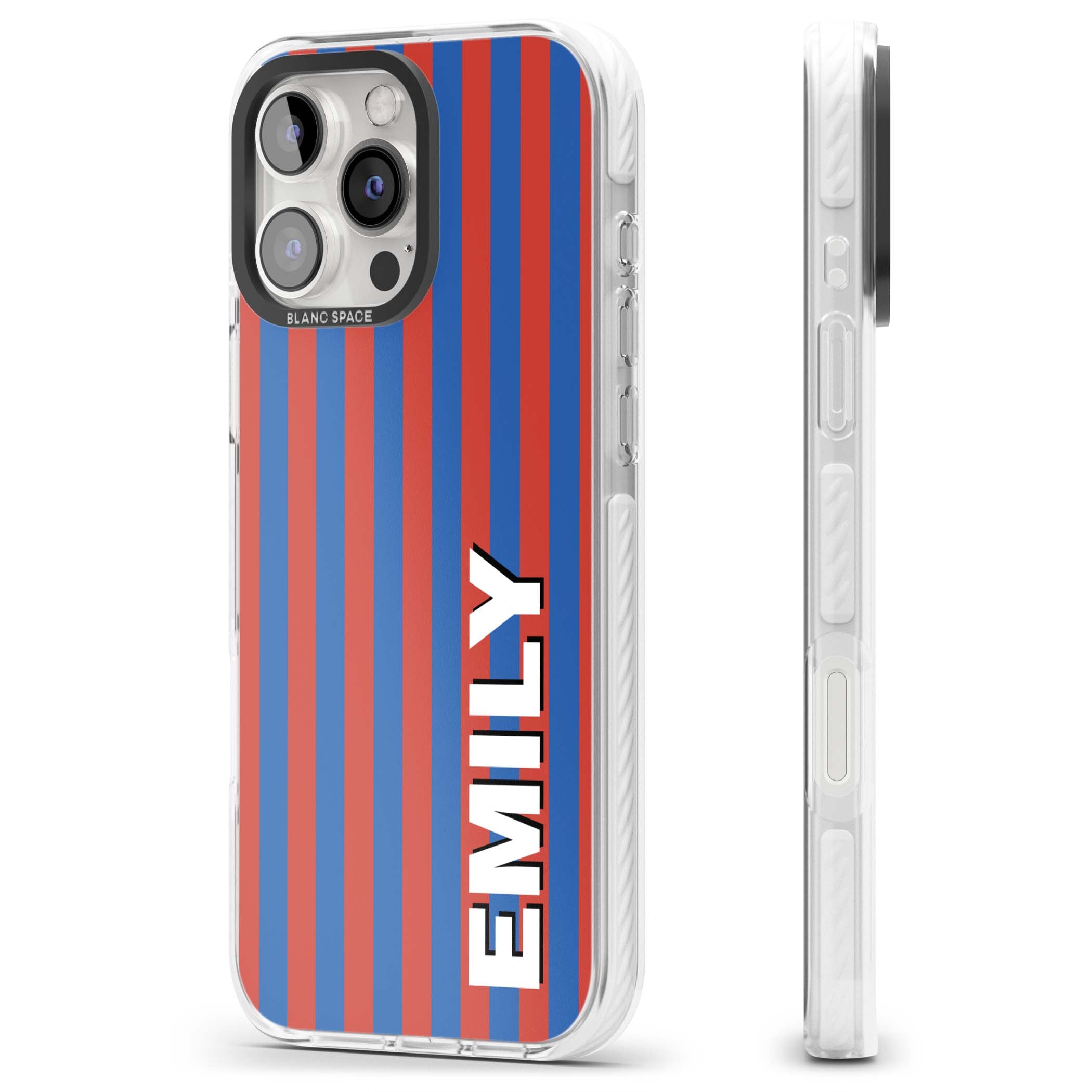 Cuban Stripe personalised iPhone case featuring red and blue vertical stripes with custom name in bold white letters | Impact Magsafe case for iPhone 16 Pro, iPhone 16 Pro Max