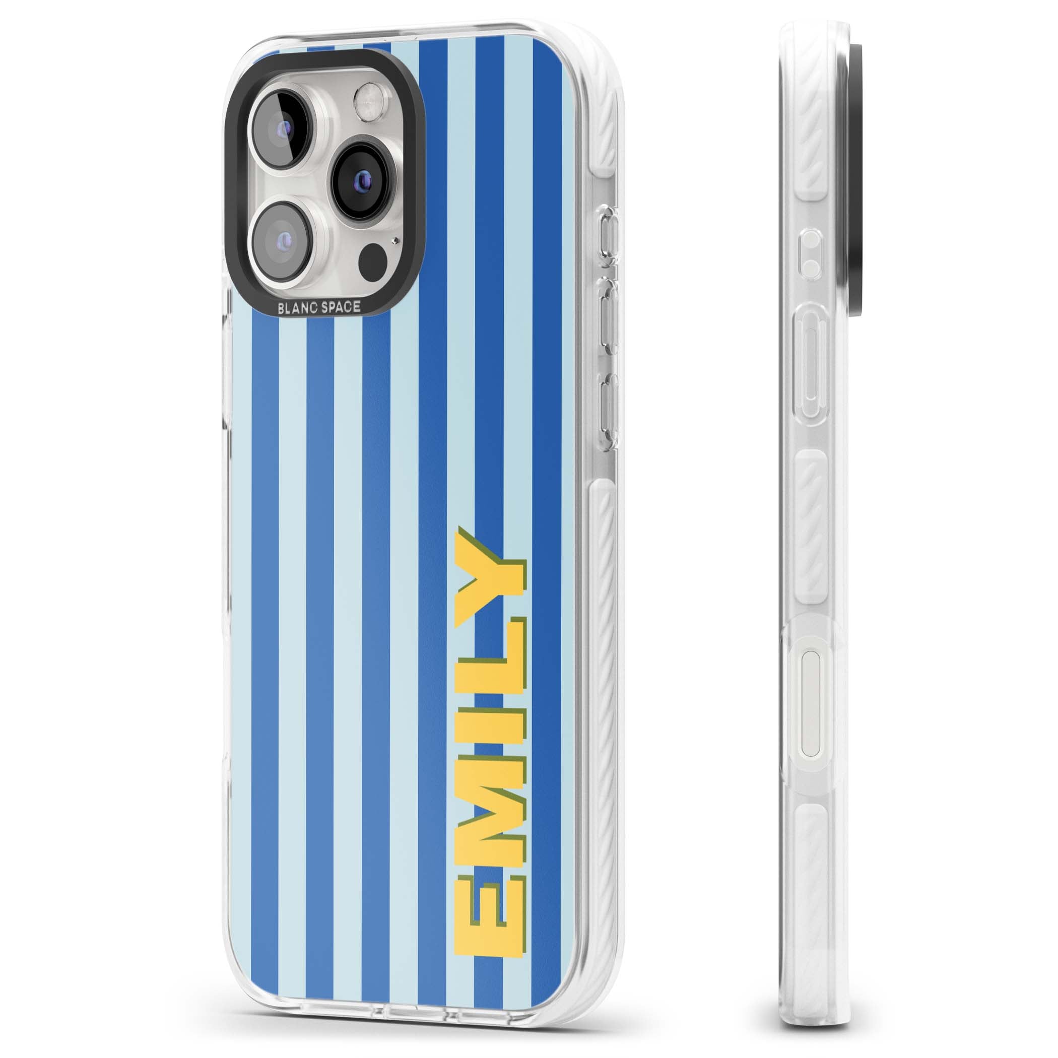 Athenian Stripe personalised preppy iPhone case featuring blue vertical stripes and a custom yellow name | Impact Magsafe case for iPhone 16 Pro, iPhone 16 Pro Max