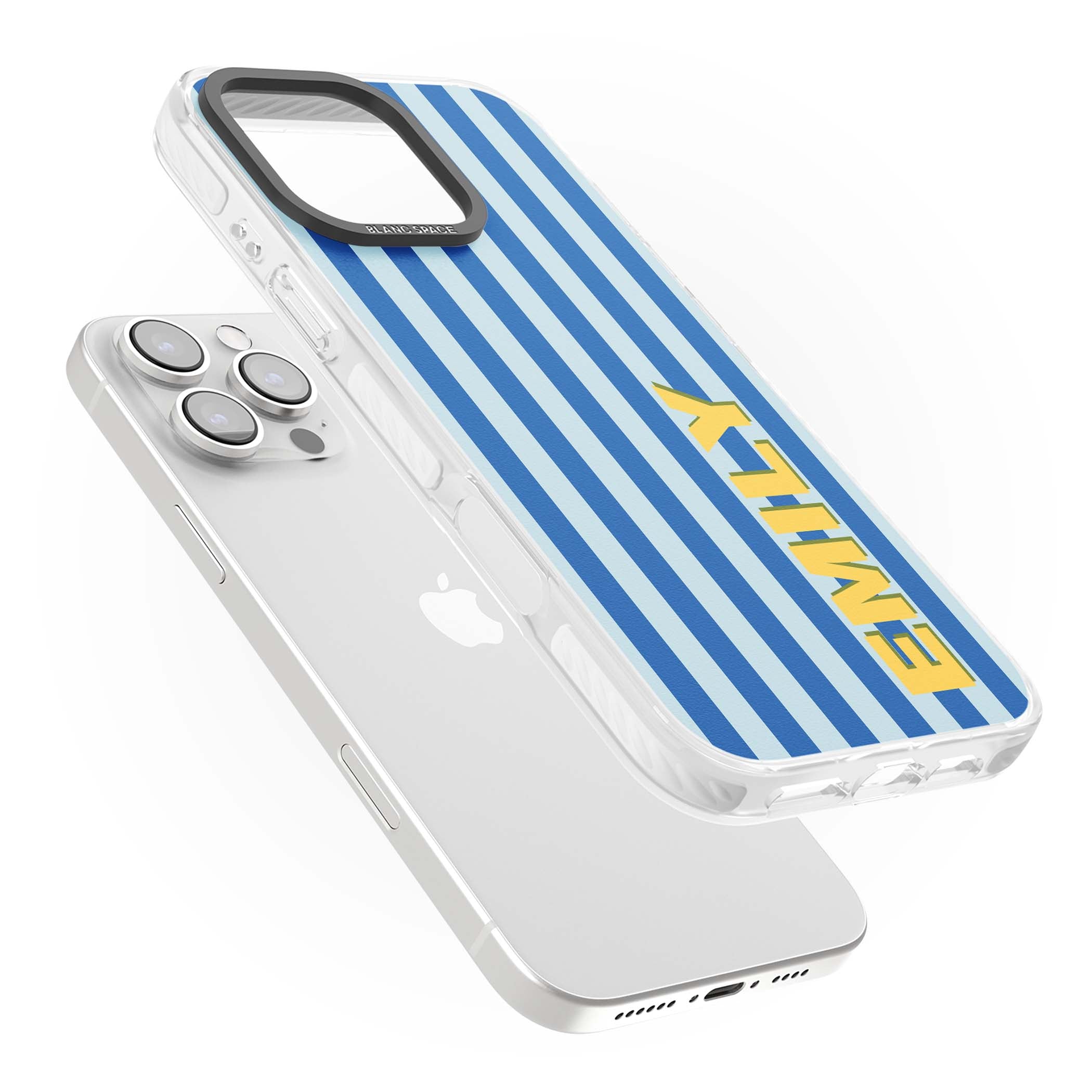 Athenian Stripe personalised preppy iPhone case featuring blue vertical stripes and a custom yellow name | Impact Magsafe case for iPhone 16 Pro, iPhone 16 Pro Max