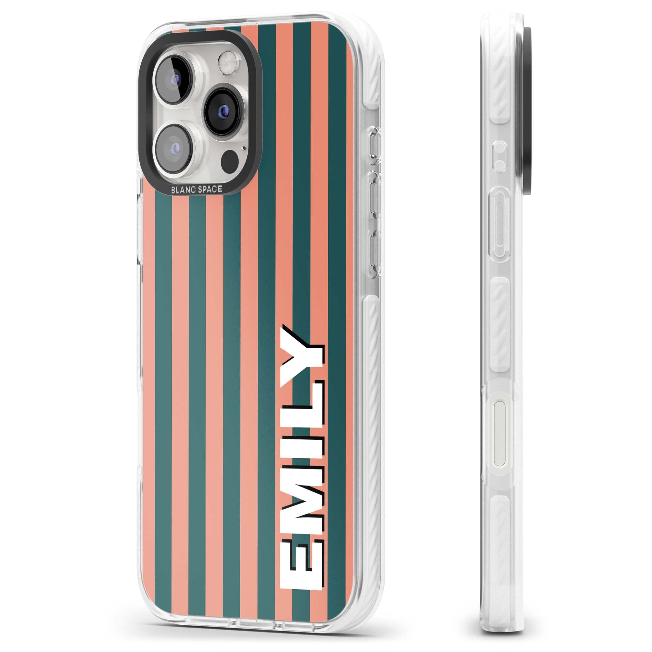 Tuscan Stripe personalised iPhone case featuring coral and green vertical stripes with bold custom name | Impact Magsafe case for iPhone 16 Pro, iPhone 16 Pro Max