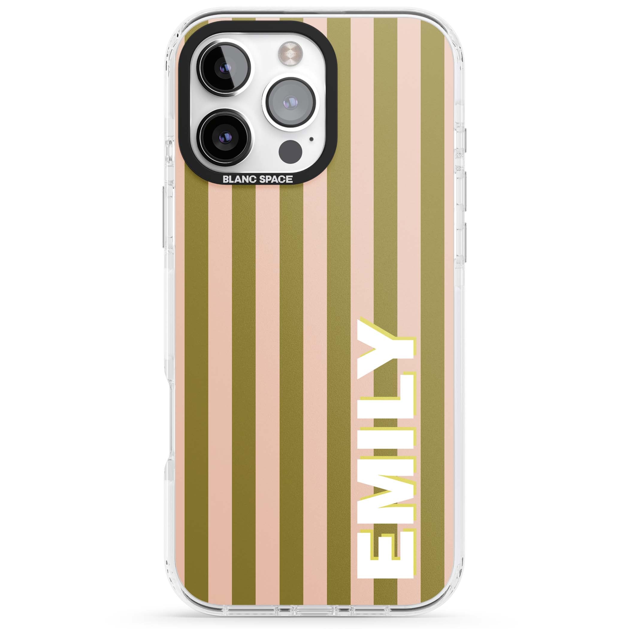 Indian Stripe personalised iPhone case featuring olive green and blush pink vertical stripes with custom name in whit | Impact Magsafe case for iPhone 16 Pro, iPhone 16 Pro Max