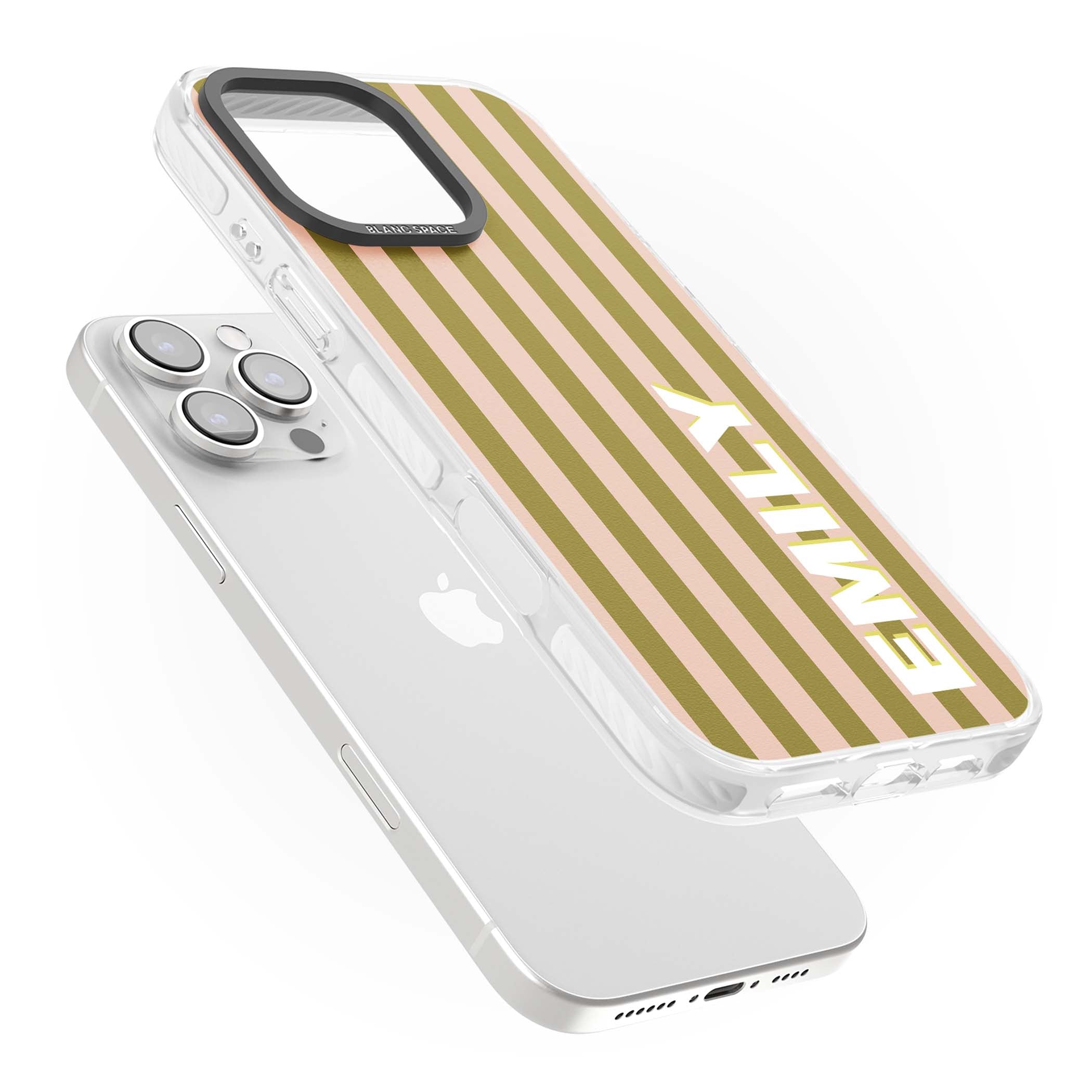 Indian Stripe personalised iPhone case featuring olive green and blush pink vertical stripes with custom name in whit | Impact Magsafe case for iPhone 16 Pro, iPhone 16 Pro Max