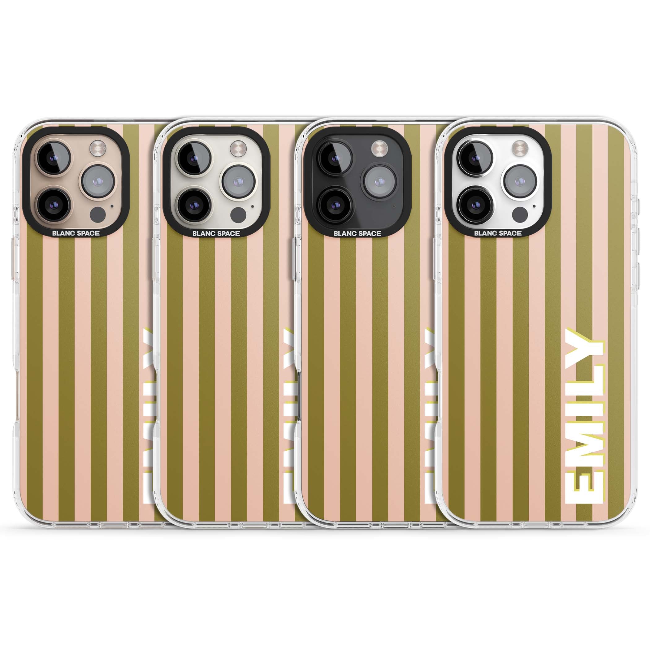 Indian Stripe personalised iPhone case featuring olive green and blush pink vertical stripes with custom name in whit | Impact Magsafe case for iPhone 16 Pro, iPhone 16 Pro Max
