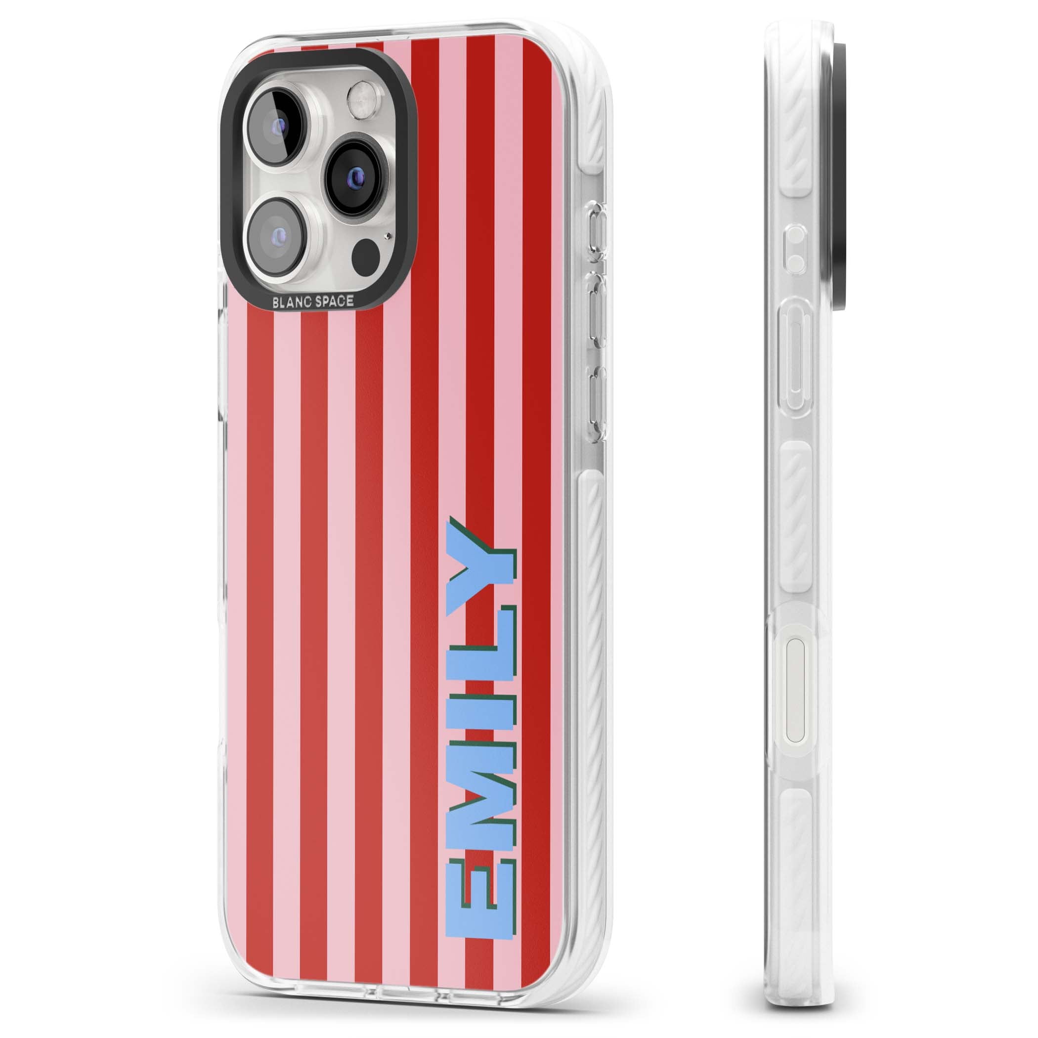 Market Stripe personalised iPhone case with red and pink vertical stripes and custom blue name | Impact Magsafe case for iPhone 16 Pro, iPhone 16 Pro Max