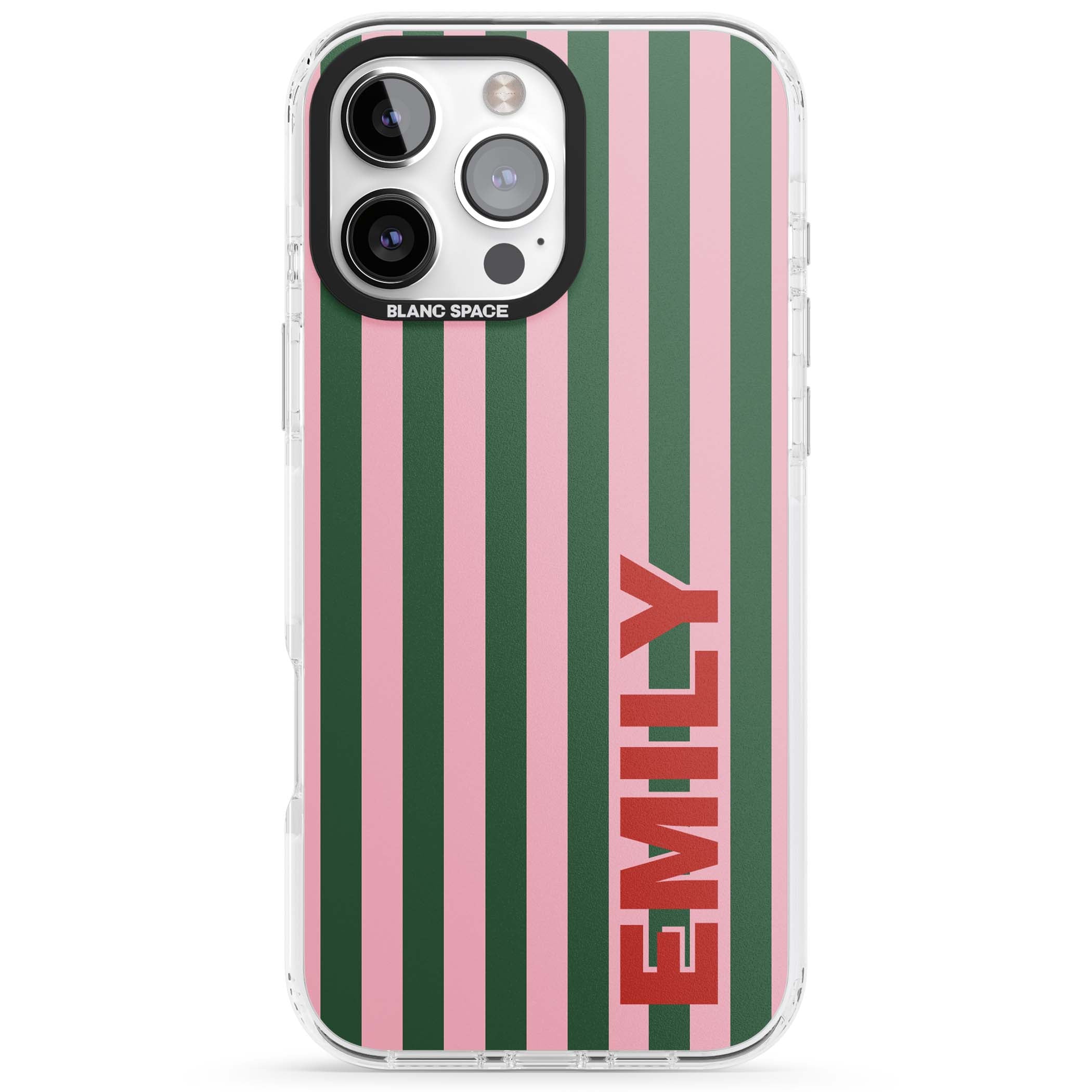 Italian Stripe preppy iPhone case featuring pink and green vertical stripes with personalised red name | Impact Magsafe case for iPhone 16 Pro, iPhone 16 Pro Max