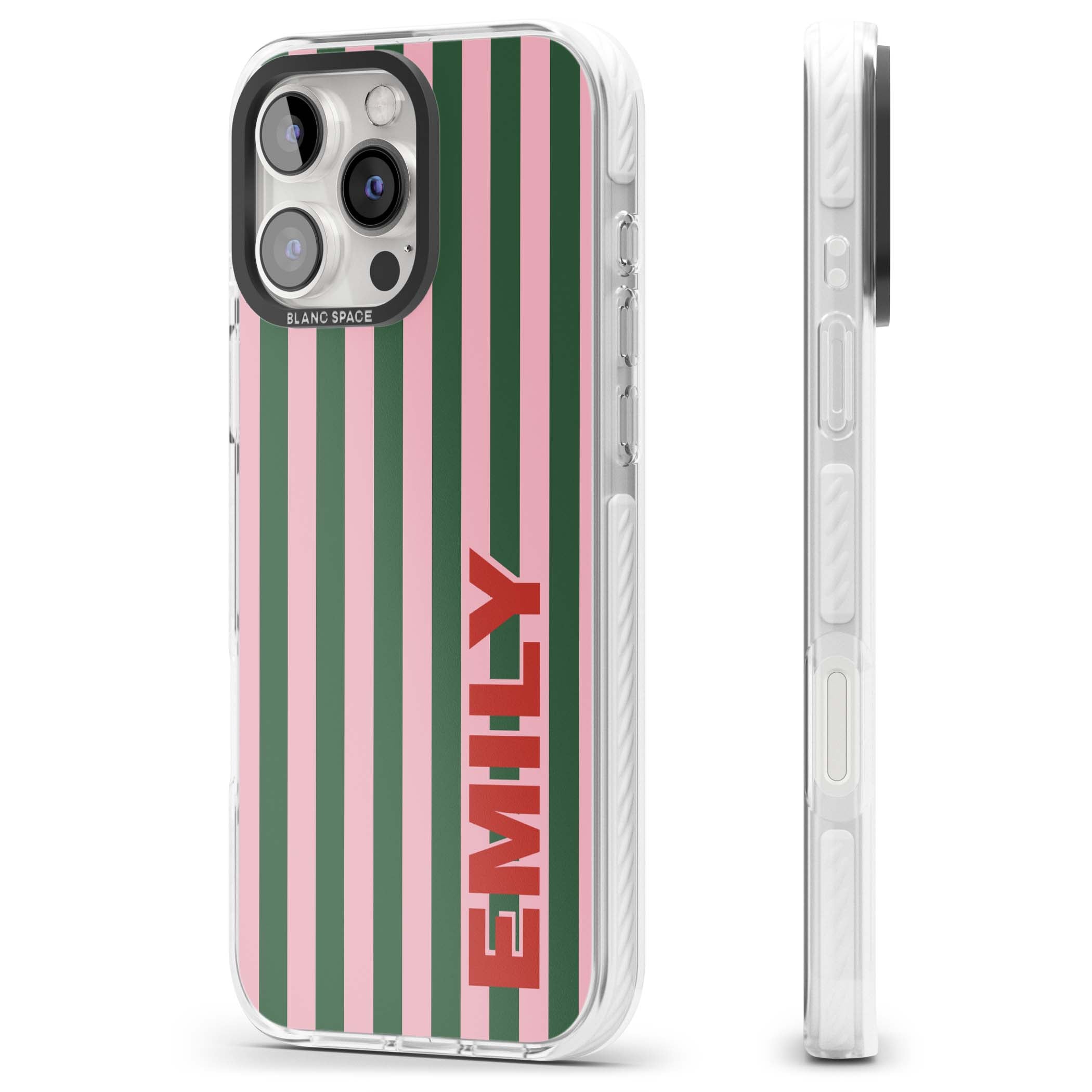 Italian Stripe preppy iPhone case featuring pink and green vertical stripes with personalised red name | Impact Magsafe case for iPhone 16 Pro, iPhone 16 Pro Max