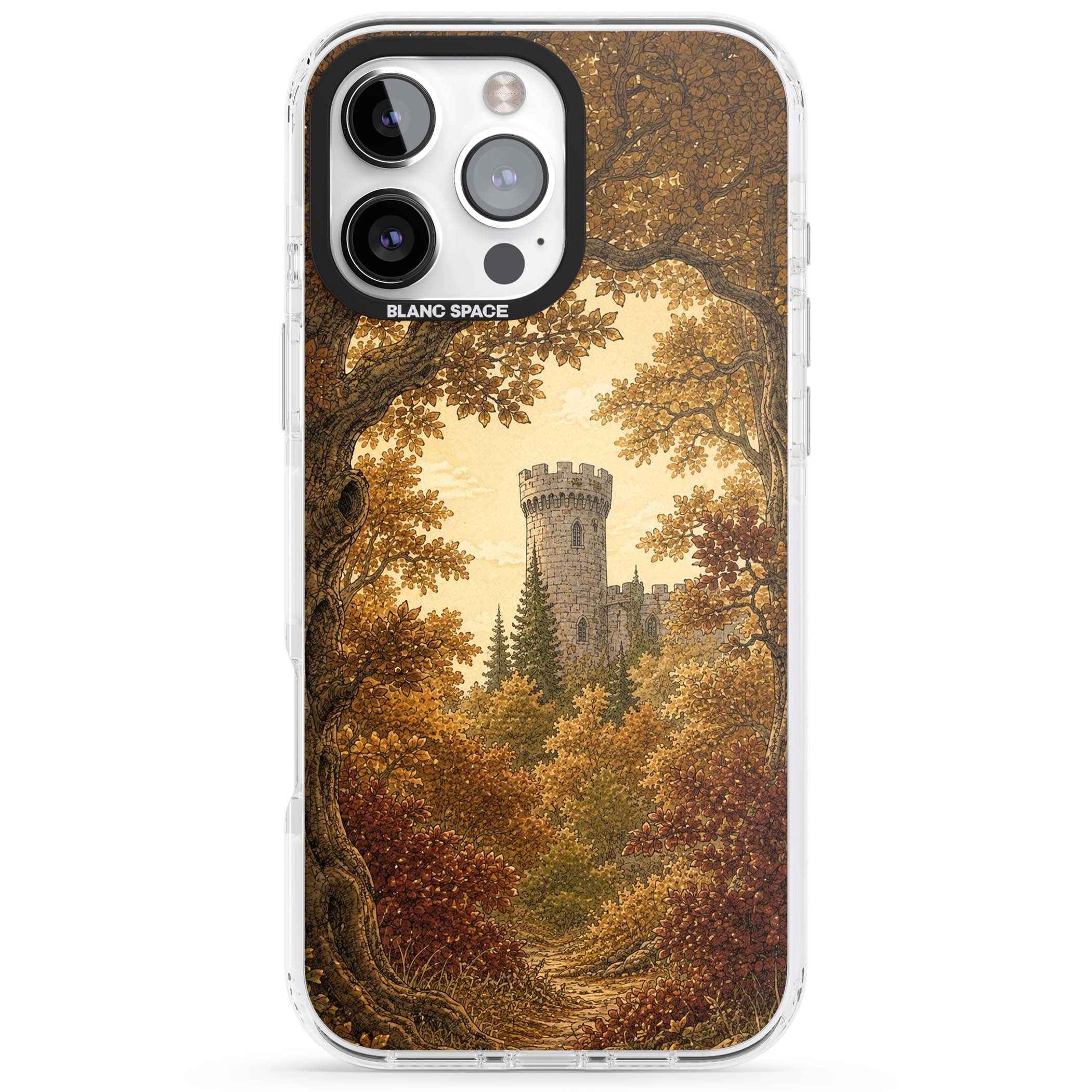 Autumn Keep cottagecore iPhone case featuring a medieval castle tower framed by golden autumn trees and woodland foliage | Impact Magsafe case for iPhone 16 Pro, iPhone 16 Pro Max