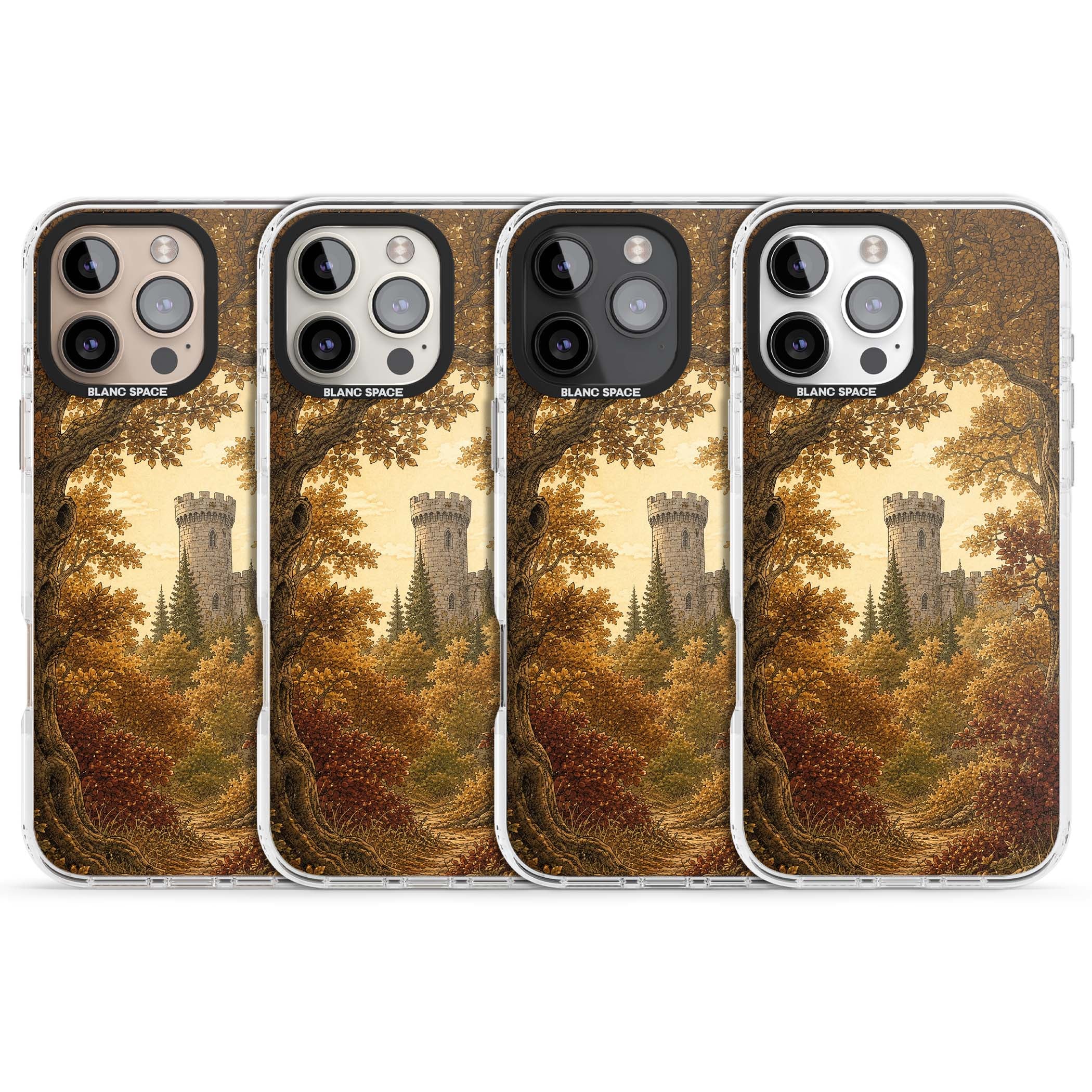 Autumn Keep cottagecore iPhone case featuring a medieval castle tower framed by golden autumn trees and woodland foliage | Impact Magsafe case for iPhone 16 Pro, iPhone 16 Pro Max